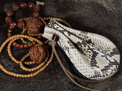Handmade Leather Pouch with Snake Skin Pattern and Drawstring Closure