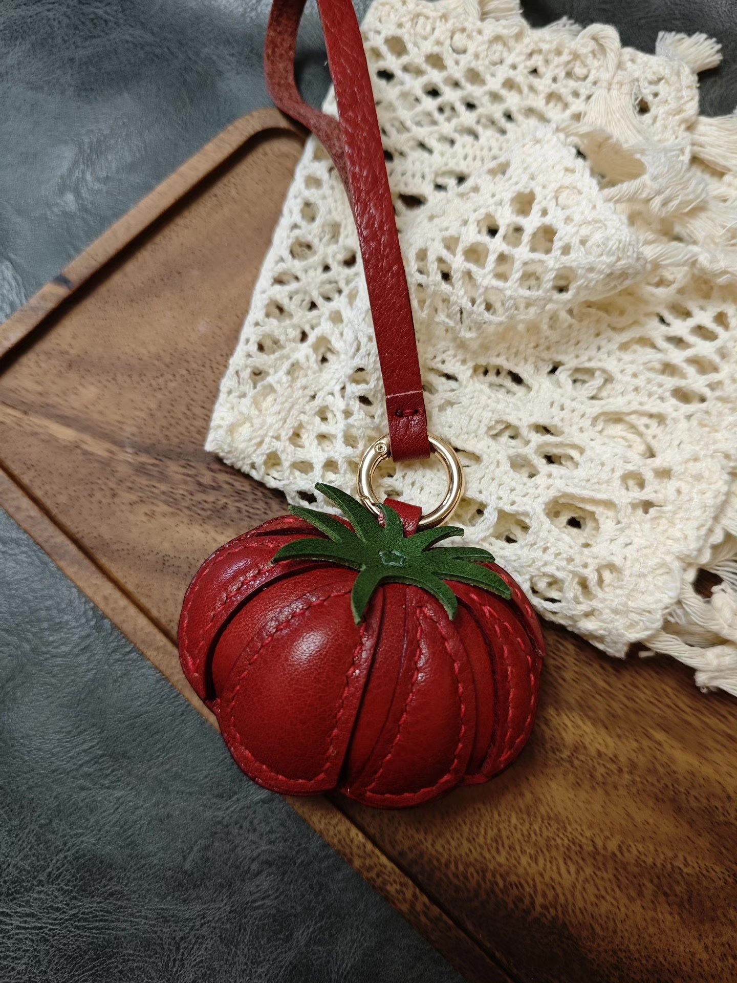 Tomato Leather Keychain with Green Calyx and Gold Ring