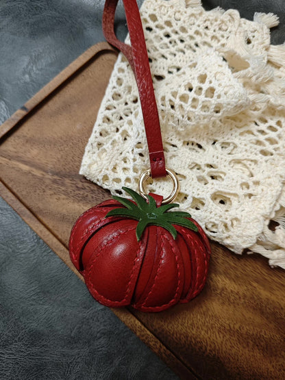Tomato Leather Keychain with Green Calyx and Gold Ring