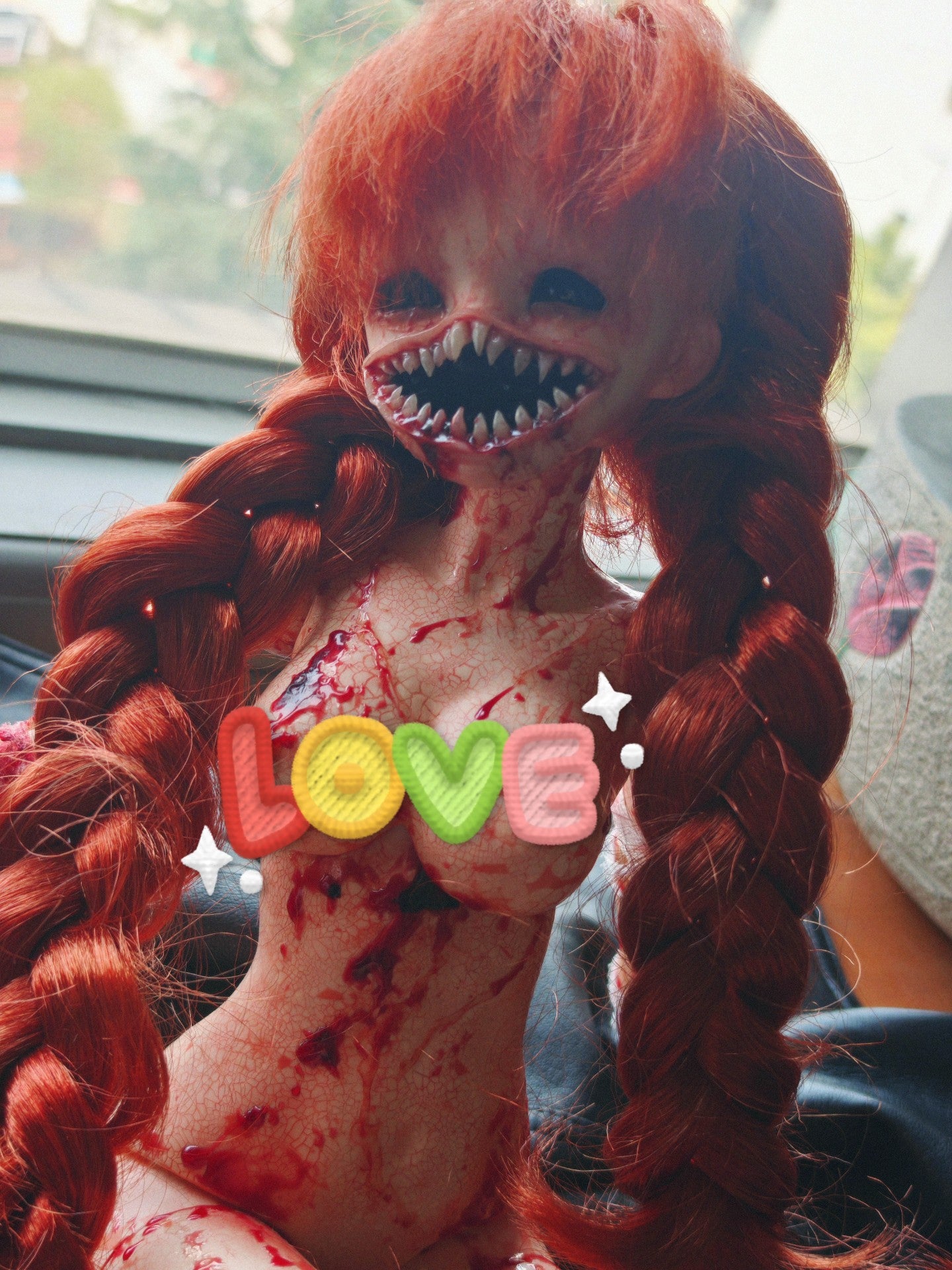 Custom Horror BJD Doll with Cracked Skin and Red Braids