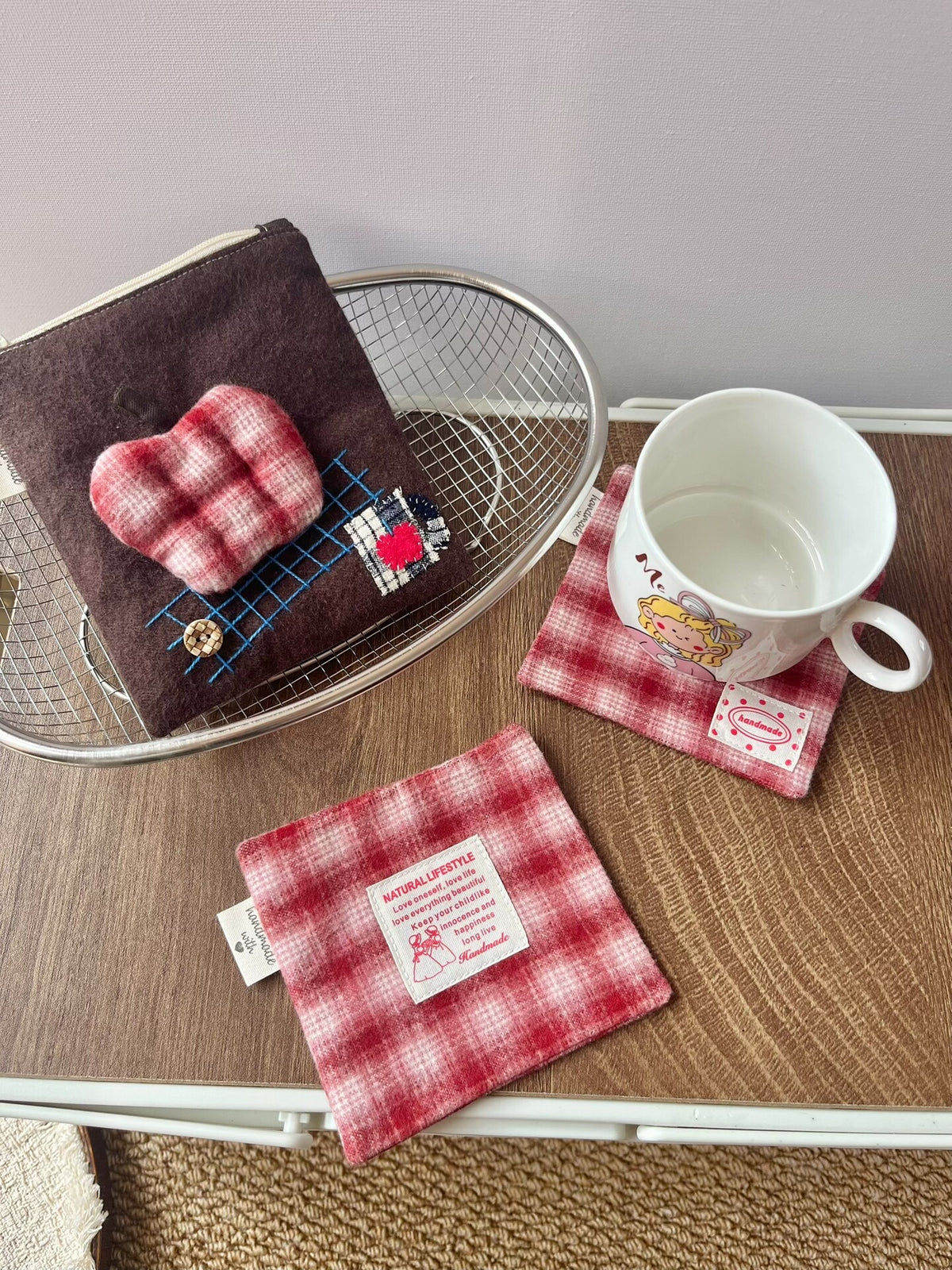 Handmade Apple Pouch with Red Plaid Cup Mats