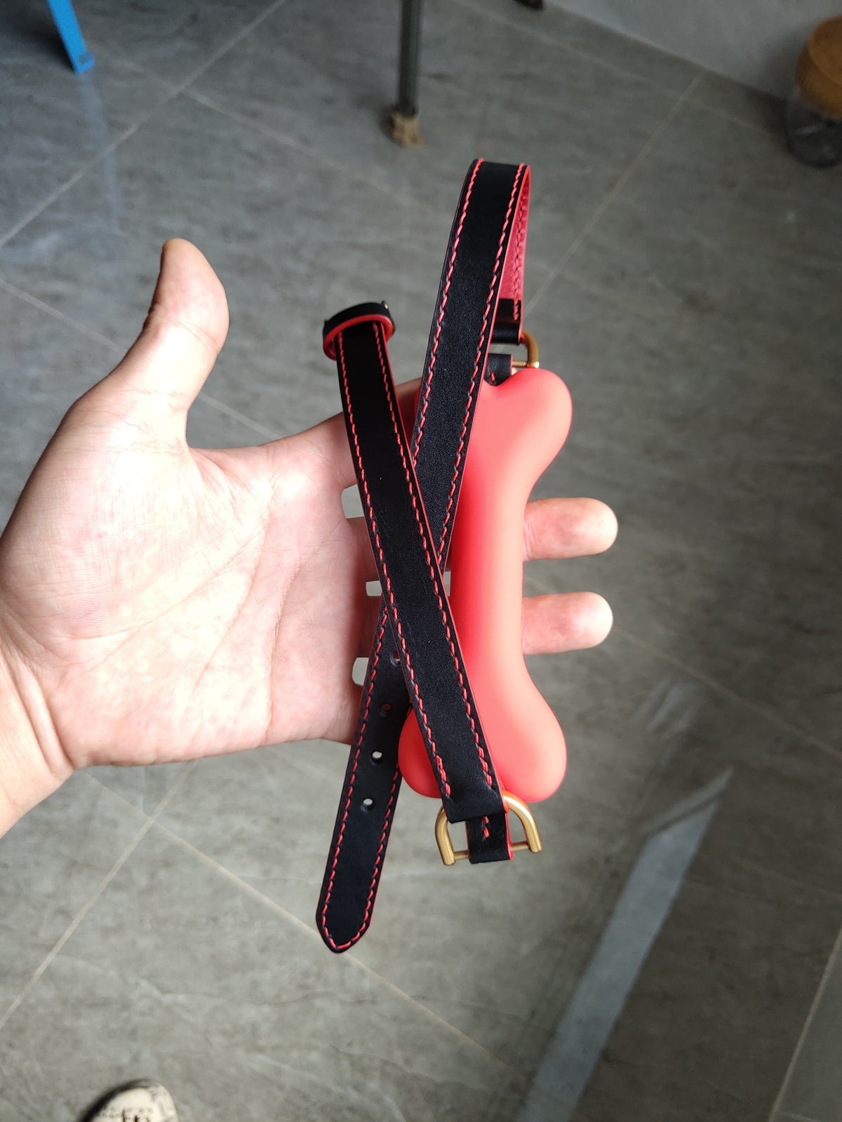 Red Leather Pet Collar with Bone Silicone Gag