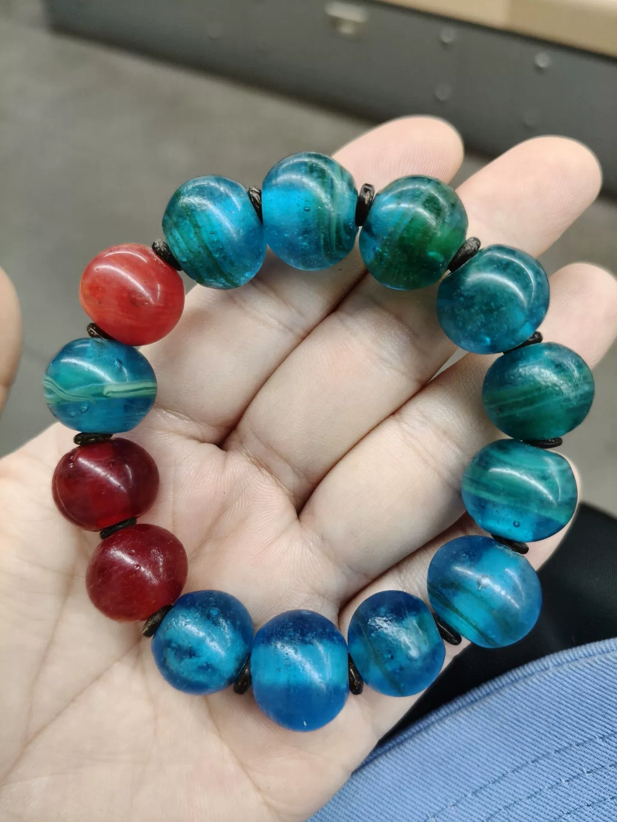 Sea Blue Glass Bead Bracelet 16mm