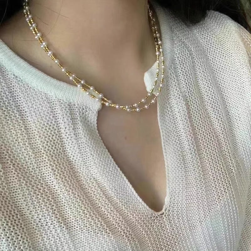 Natural Freshwater Pearl Gold Bead Long Necklace