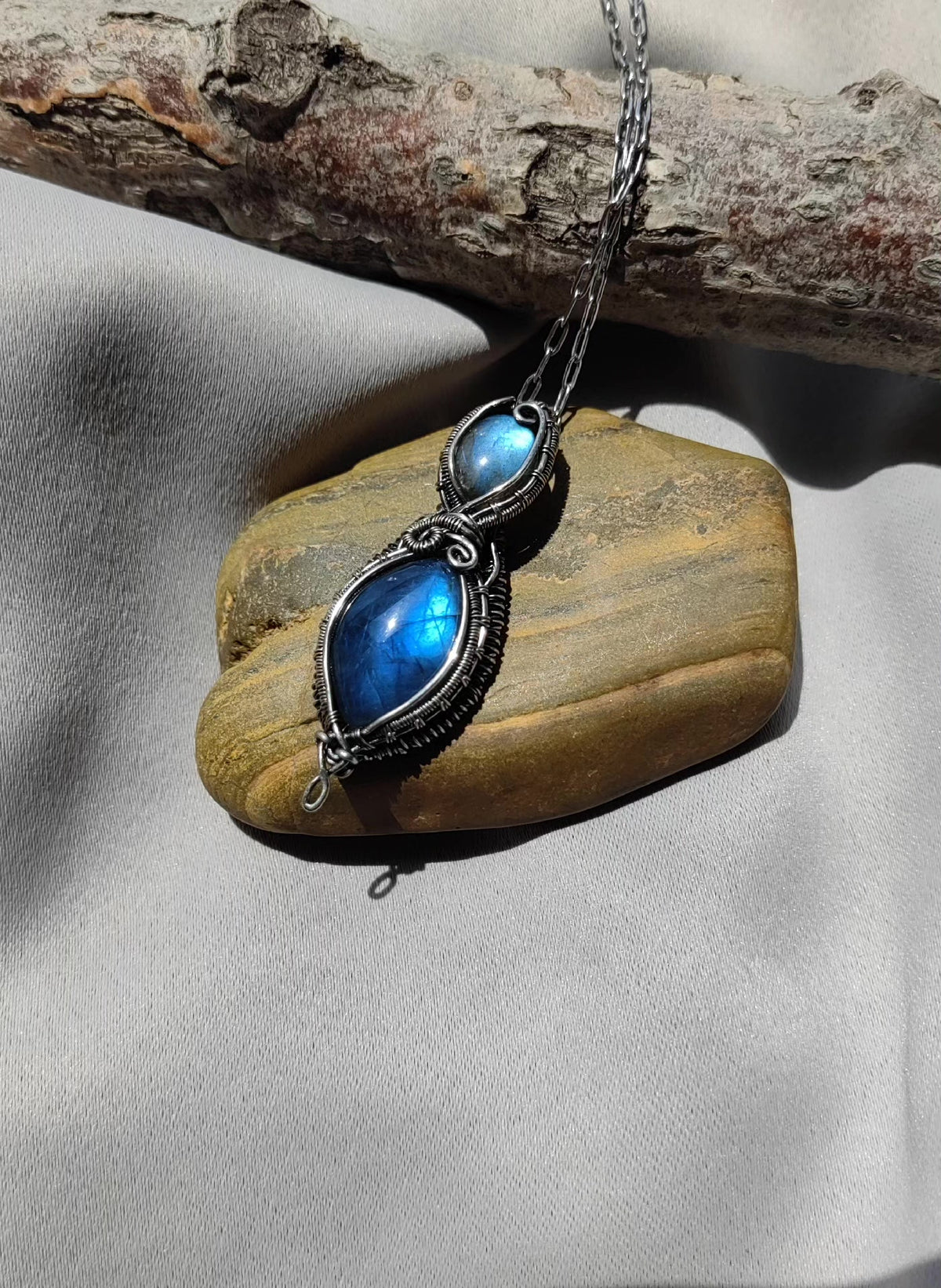 Labradorite Pendant Necklace Wire Wrapped Blue