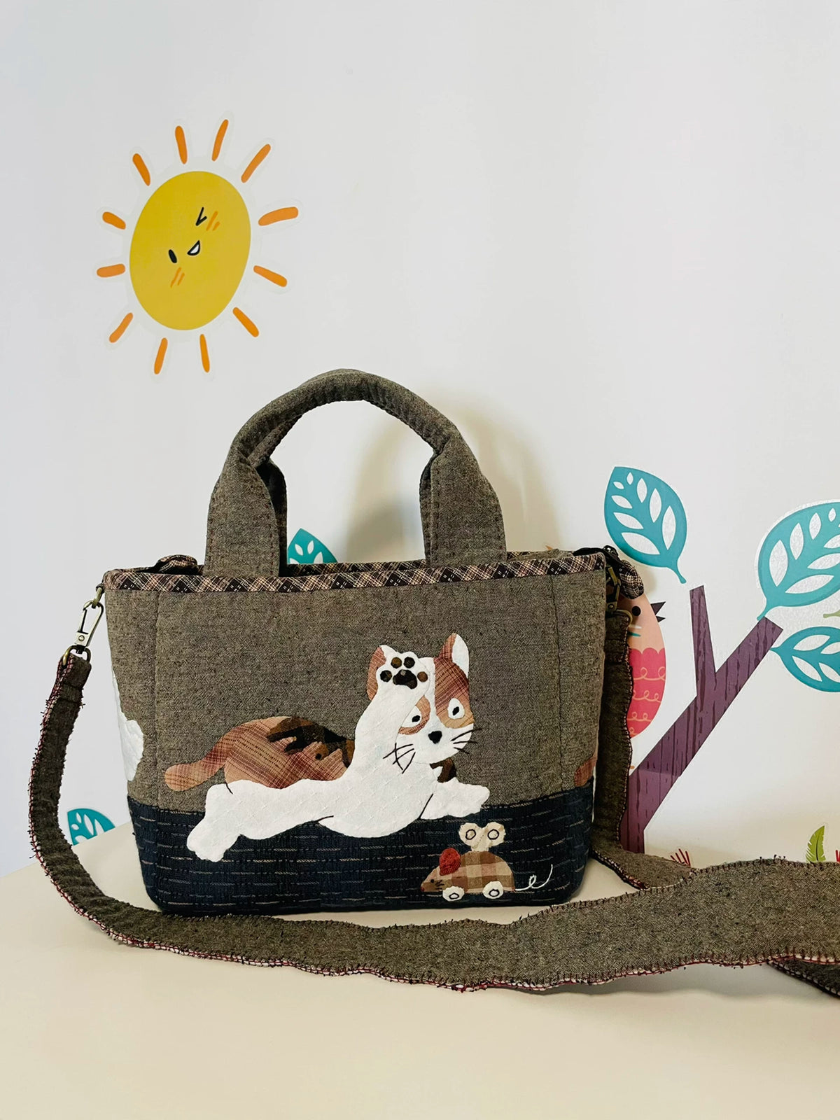 Handmade Patchwork Cat Mouse Tote Bag