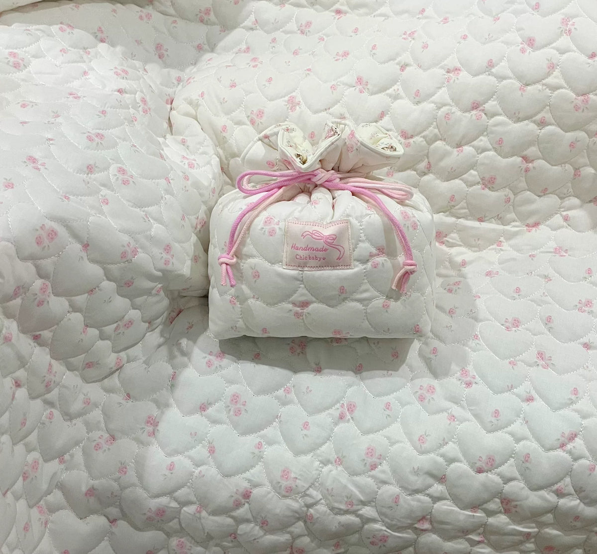 Quilted Heart Rose Drawstring Pouch
