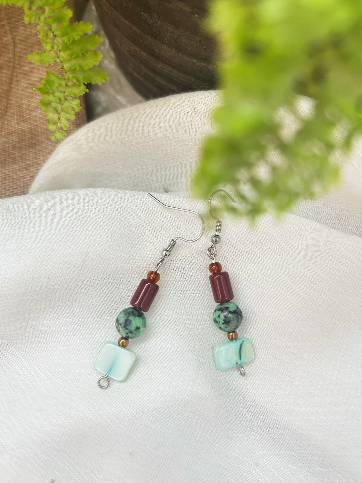 Handcrafted Beaded Dangle Earrings Green Wine Red