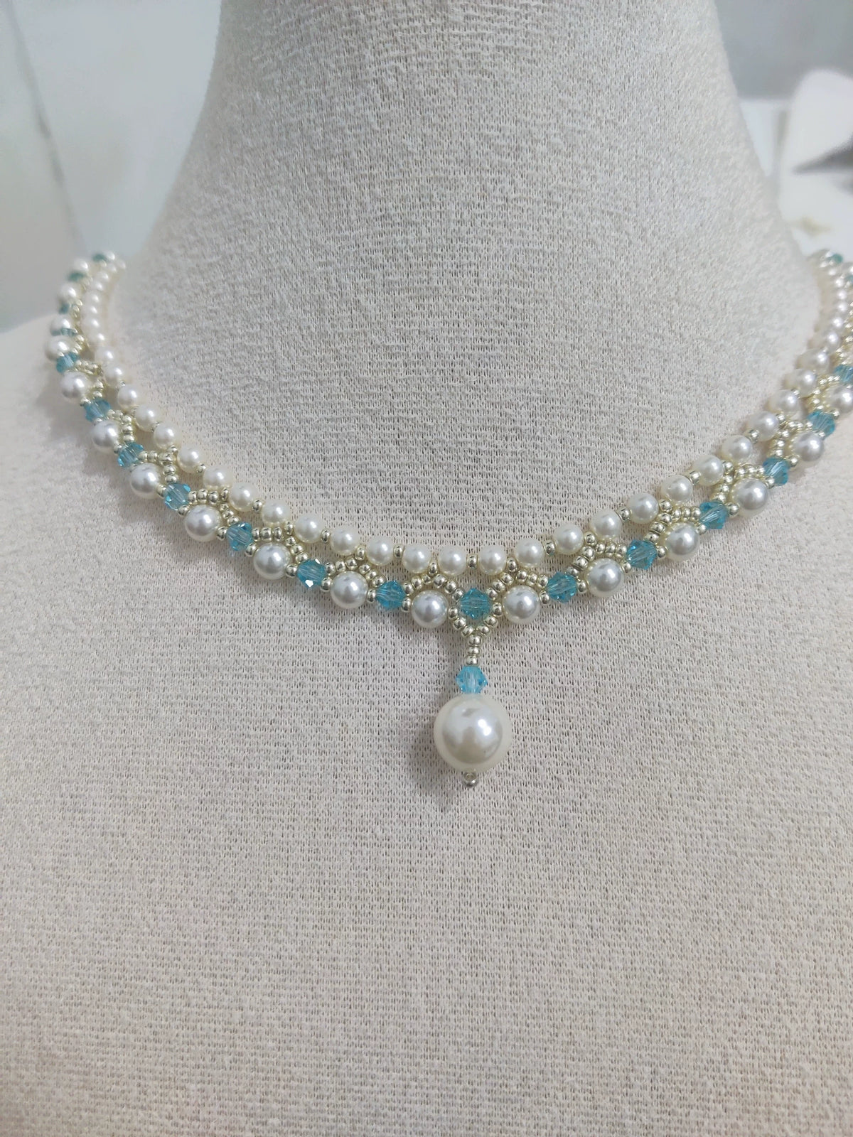 Handmade Pearl and Blue Crystal Necklace
