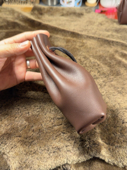 Long Leather Storage Bag for Collectibles - Matte Brown Drawstring Closure