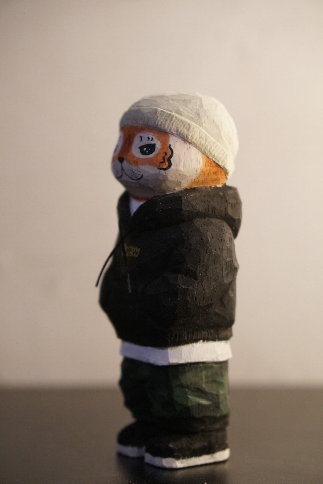 Hand-Carved Wooden Tiger Sculpture in Streetwear, 11cm