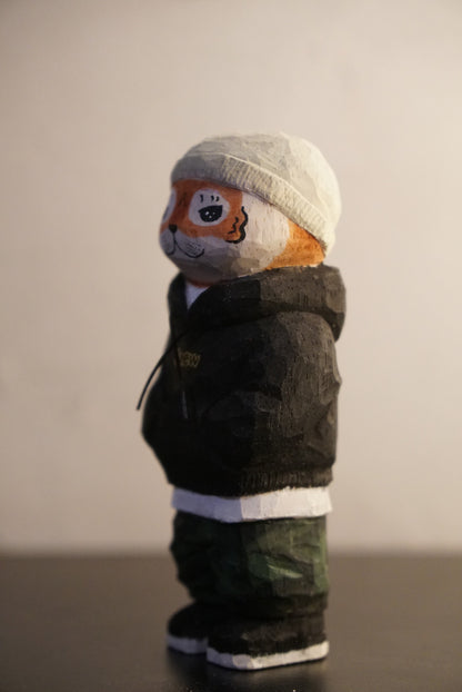 Hand-Carved Wooden Tiger Sculpture in Streetwear, 11cm