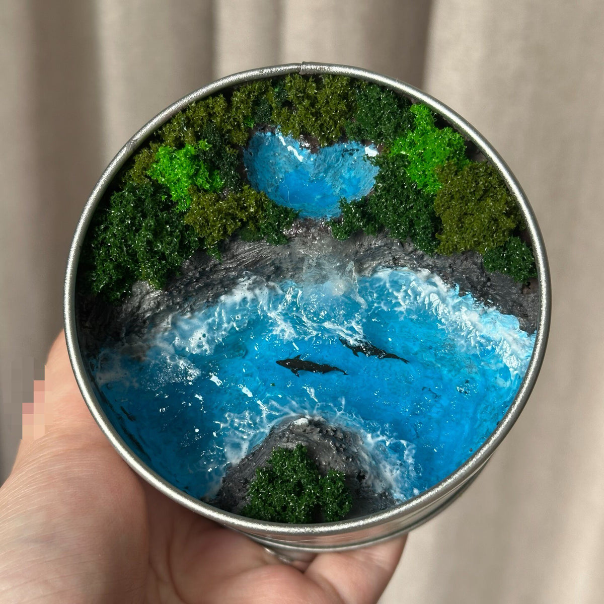 Miniature Dolphin Waterfall Diorama in Tin