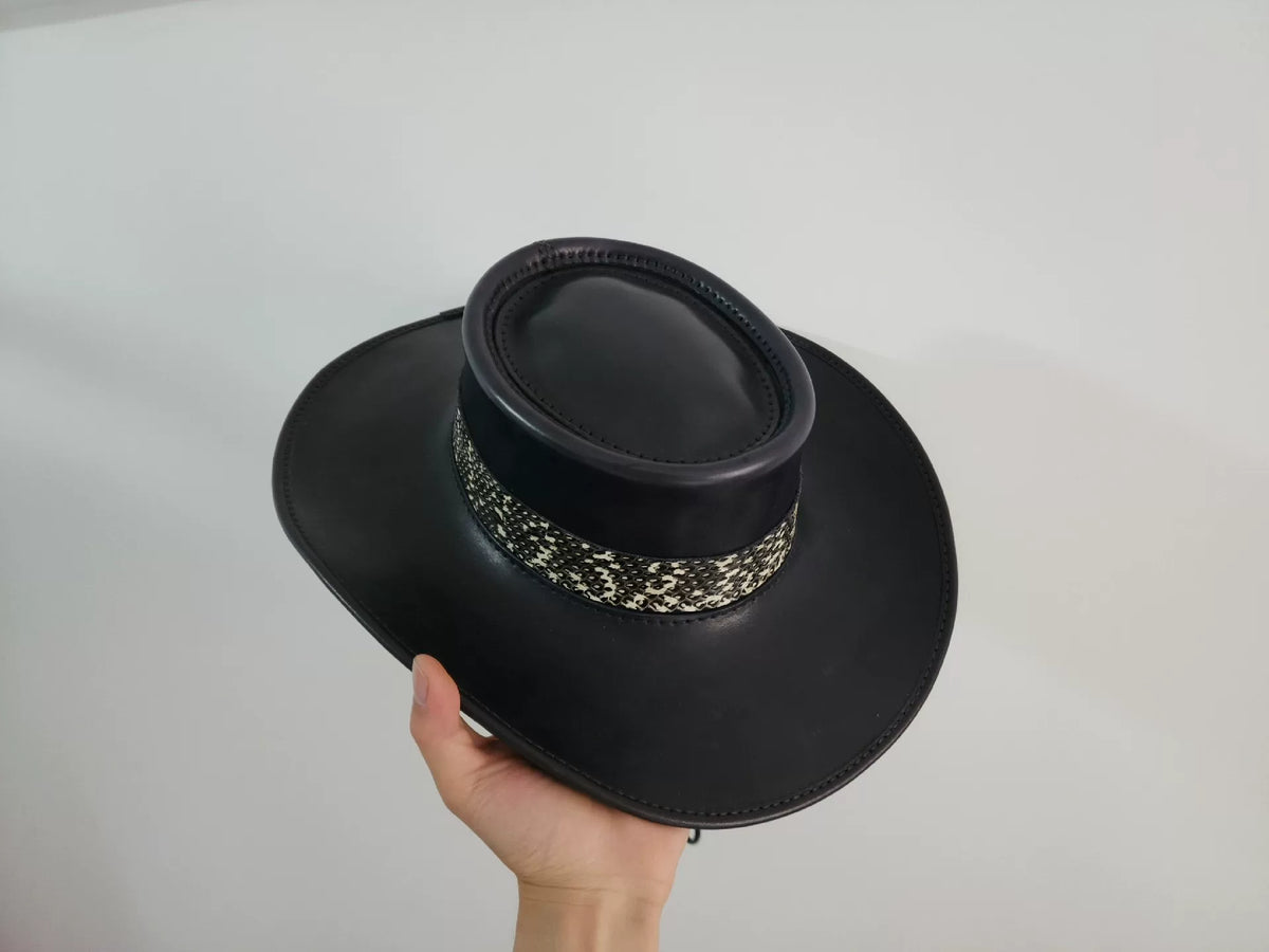 Handmade Black Leather Western Cowboy Hat