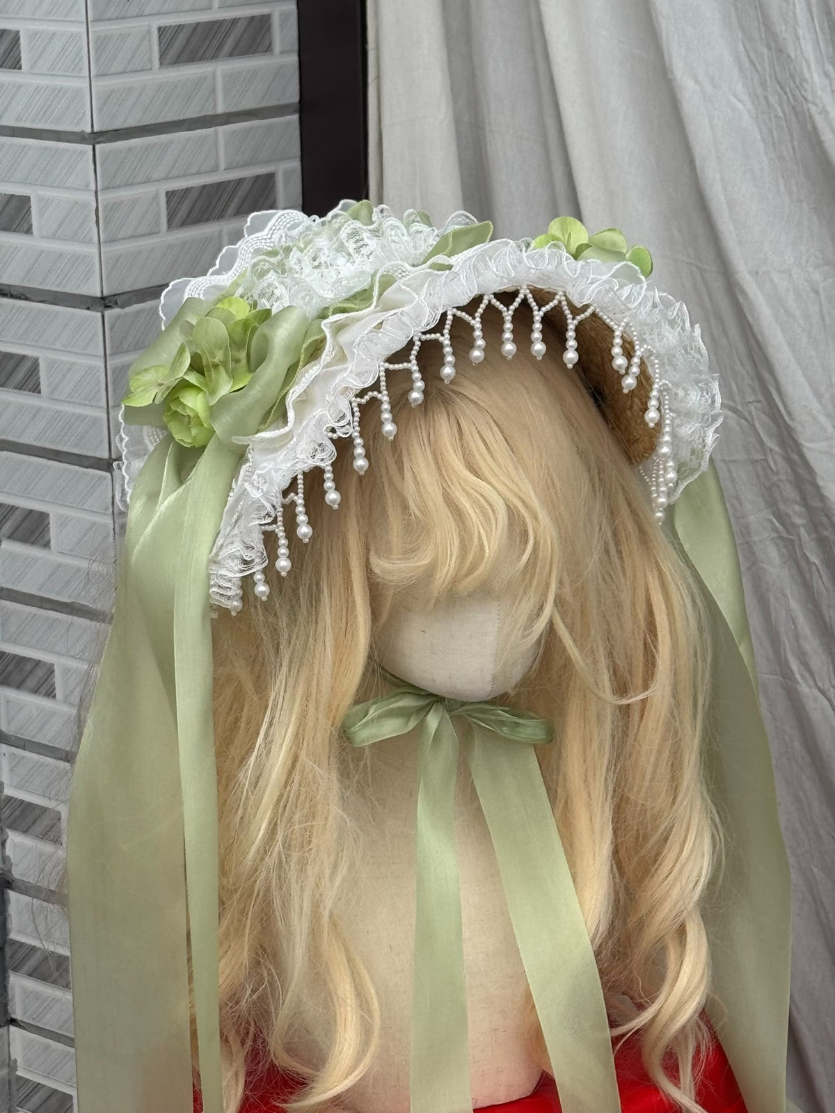 Lolita Bonnet Hat with Green Flowers