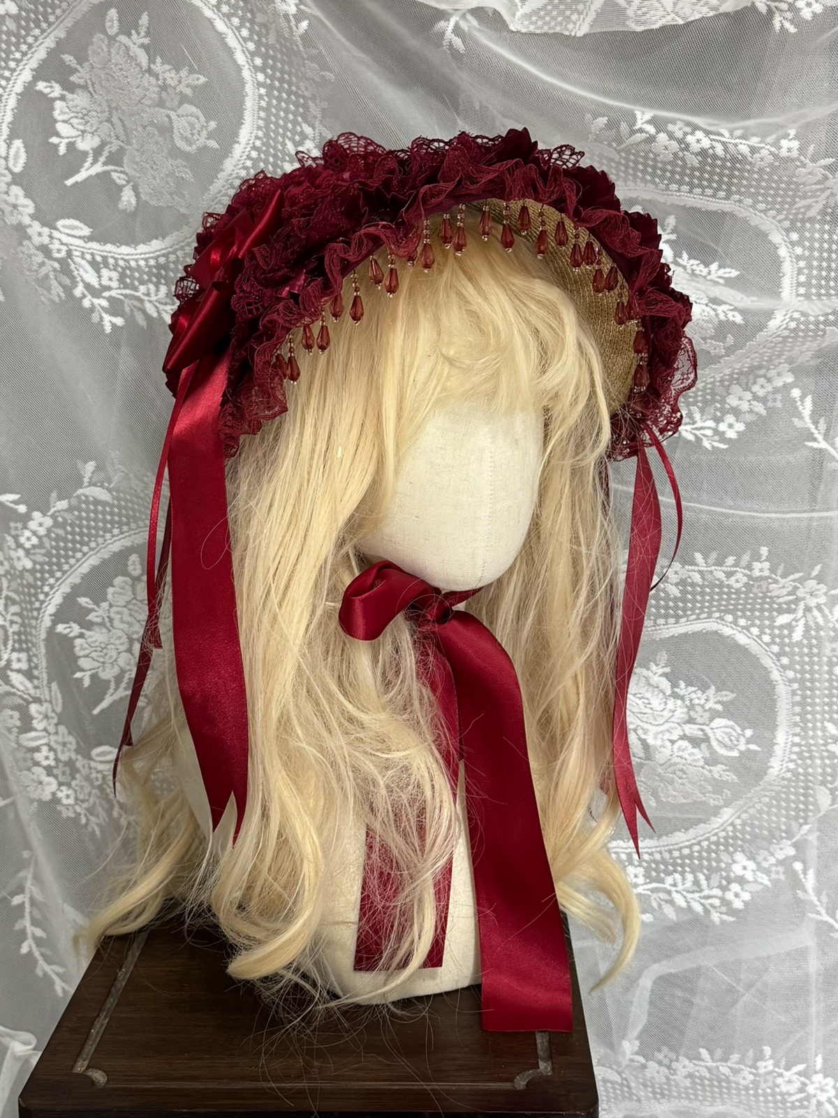 Wine Red Lolita Bonnet with Satin Bow