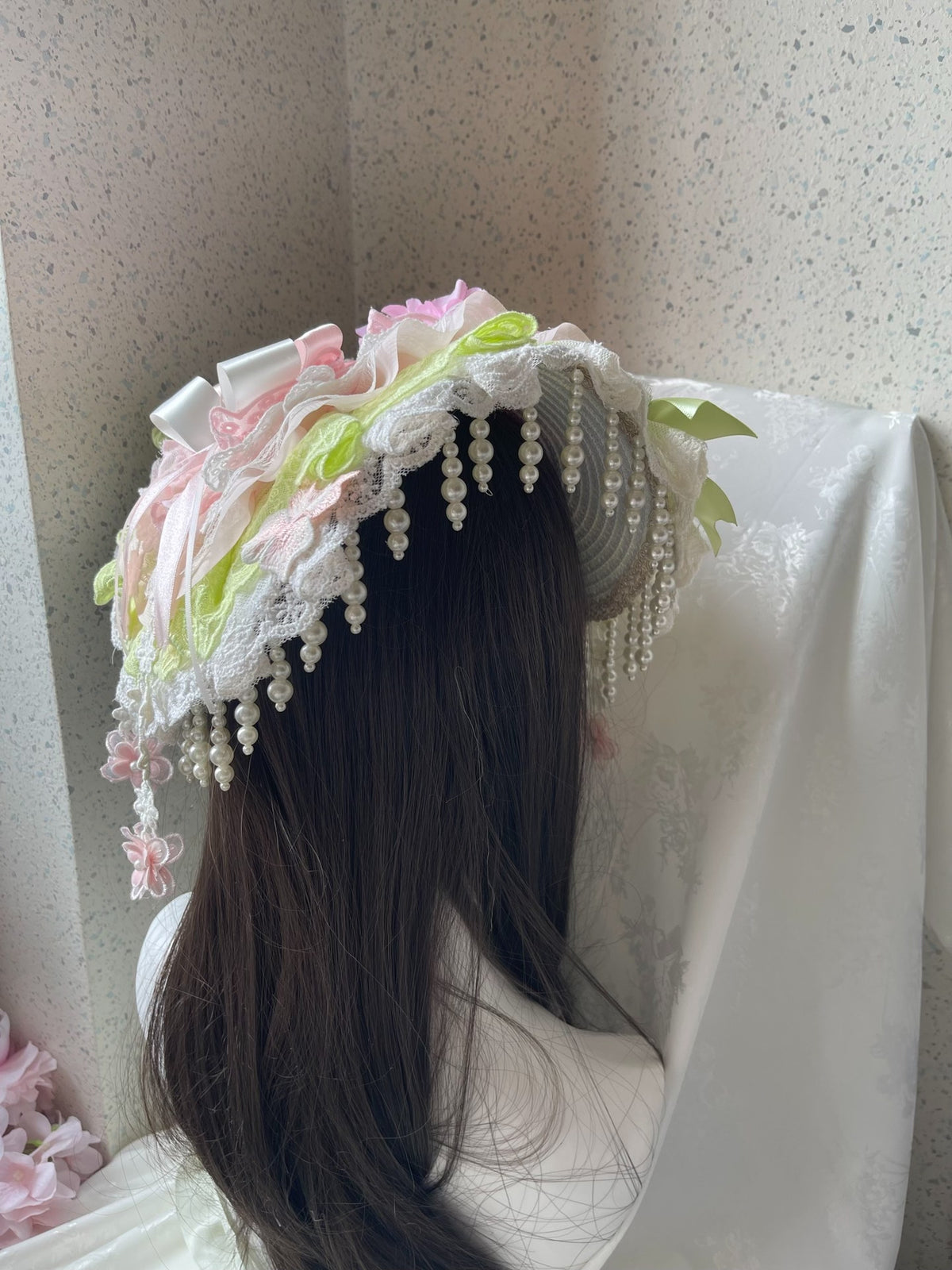 Lolita Pink Green Lace Bonnet with Peony