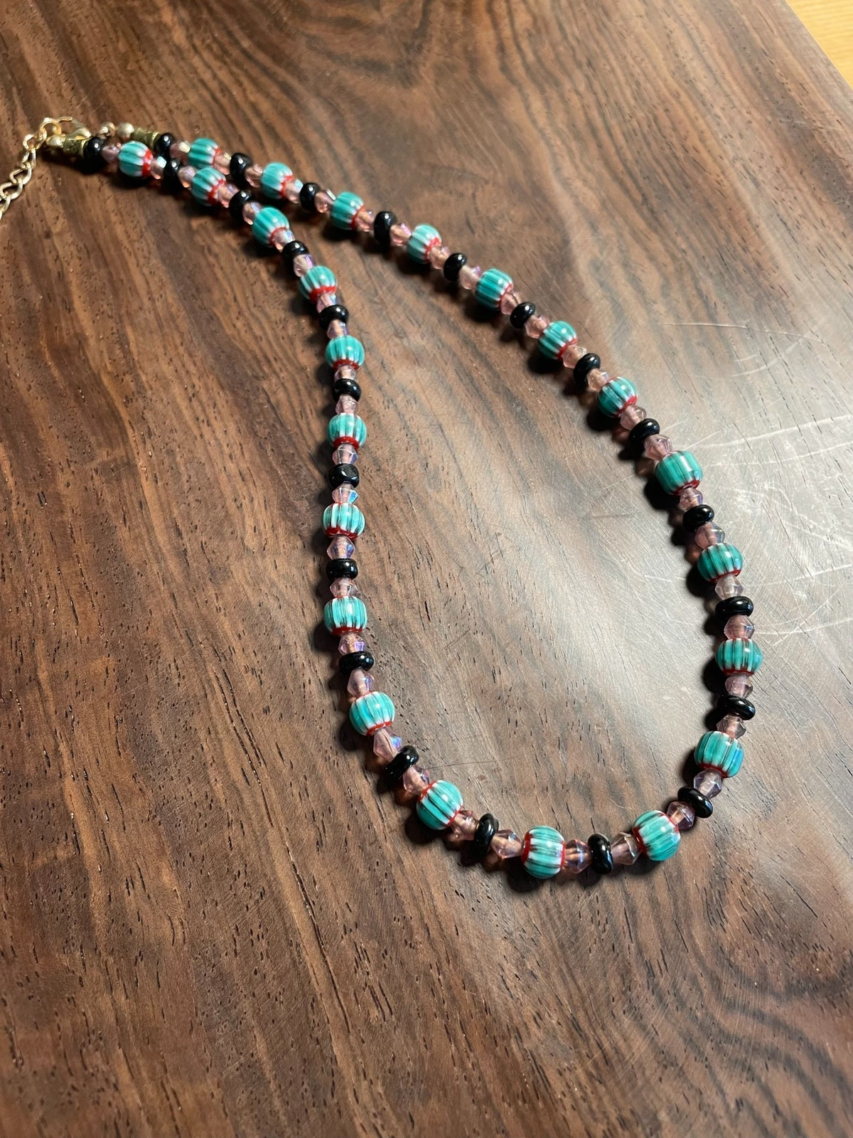 Turquoise Glass Bead Necklace Gold Tone Chain