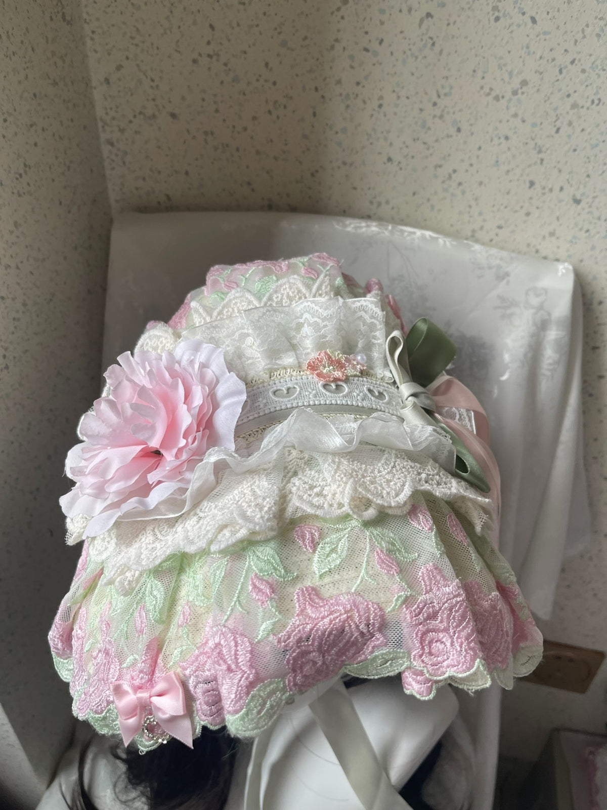 Lolita Bonnet Pink Green Layered Lace