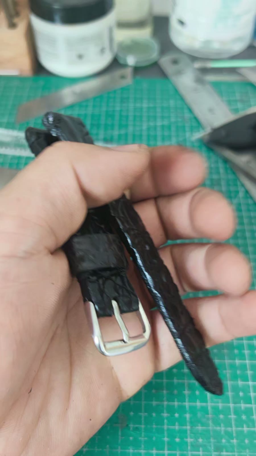 Handmade Black Crocodile Spine Leather Watch Strap