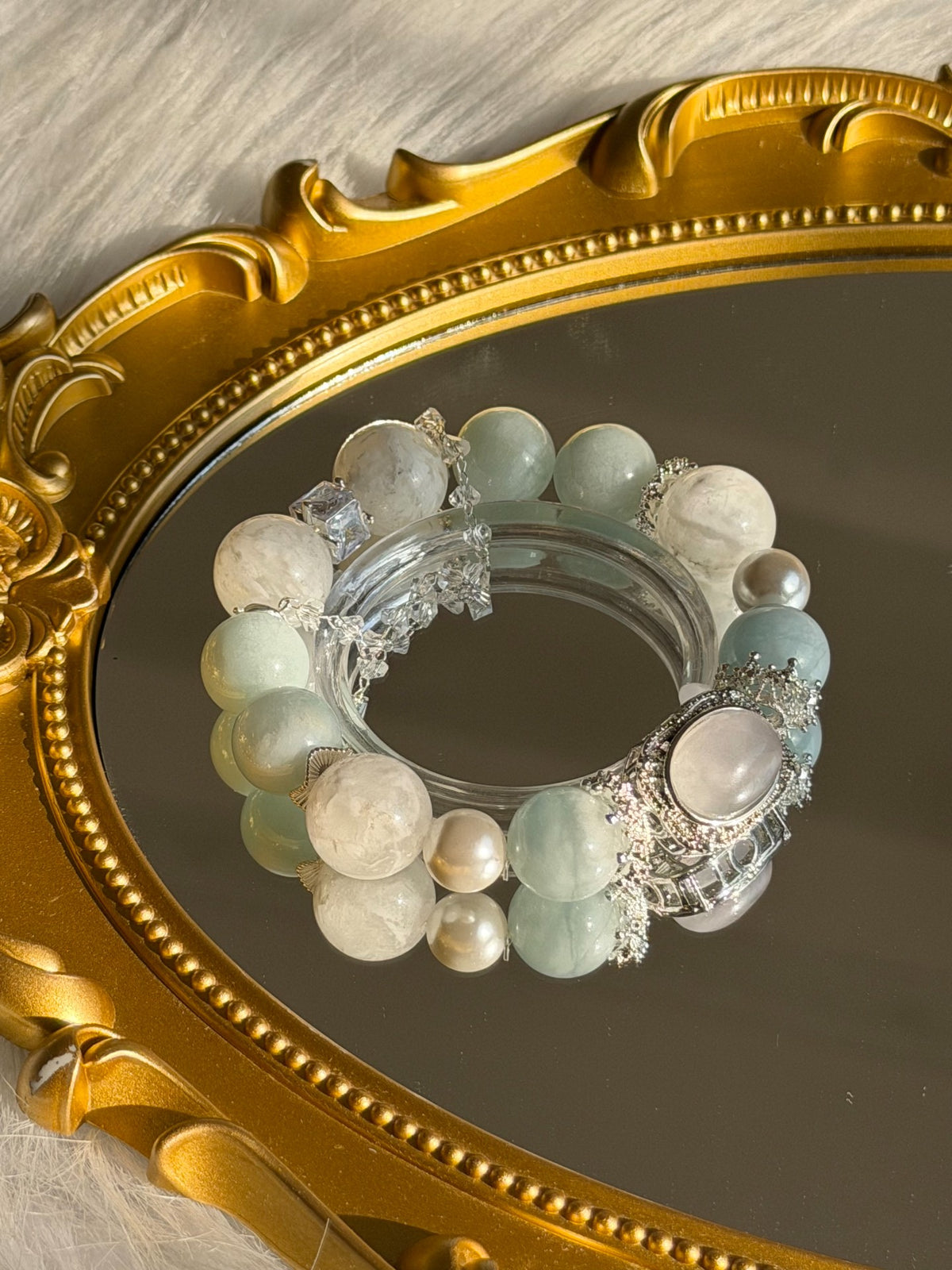 Aquamarin Schneeflocken-Phantomquarz Perlenarmband