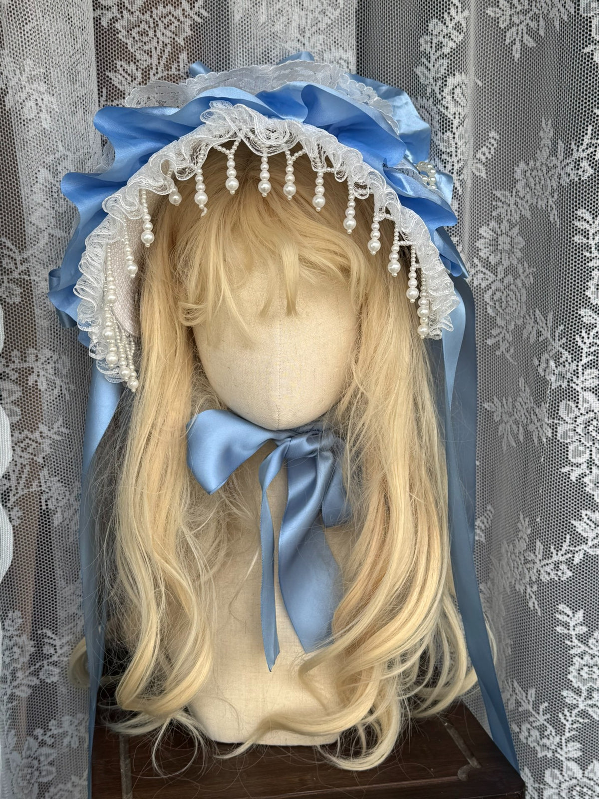 Handmade Blue Lace Bonnet Lolita Headpiece