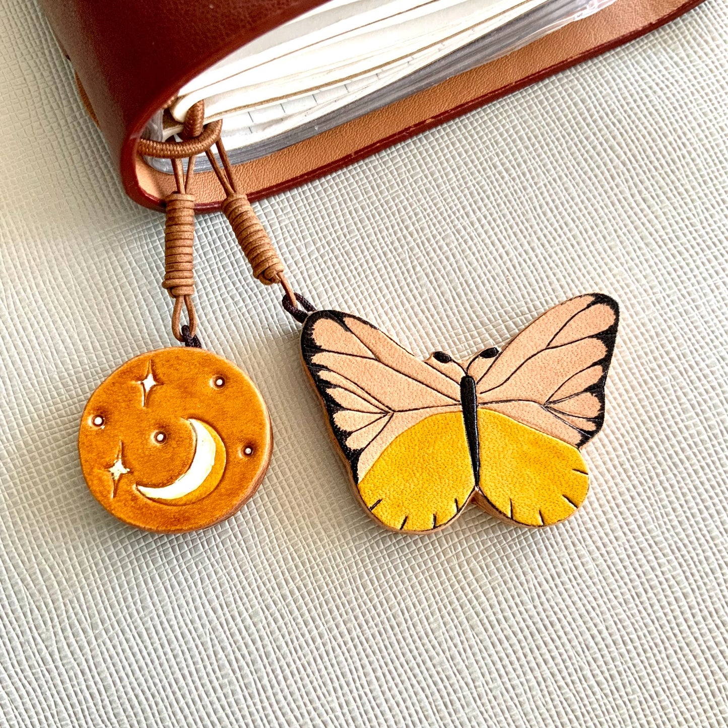 Italian Vegetable-Tanned Leather Butterfly, Lantern, and Moon Star Charms Set