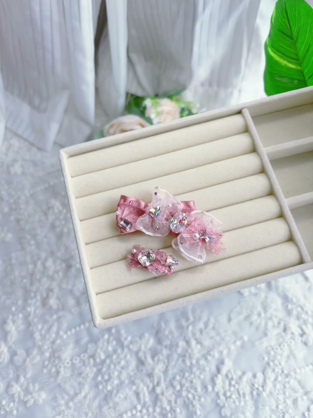 Ganchos de Cabelo com Laço de Cristal Rosa para Animais