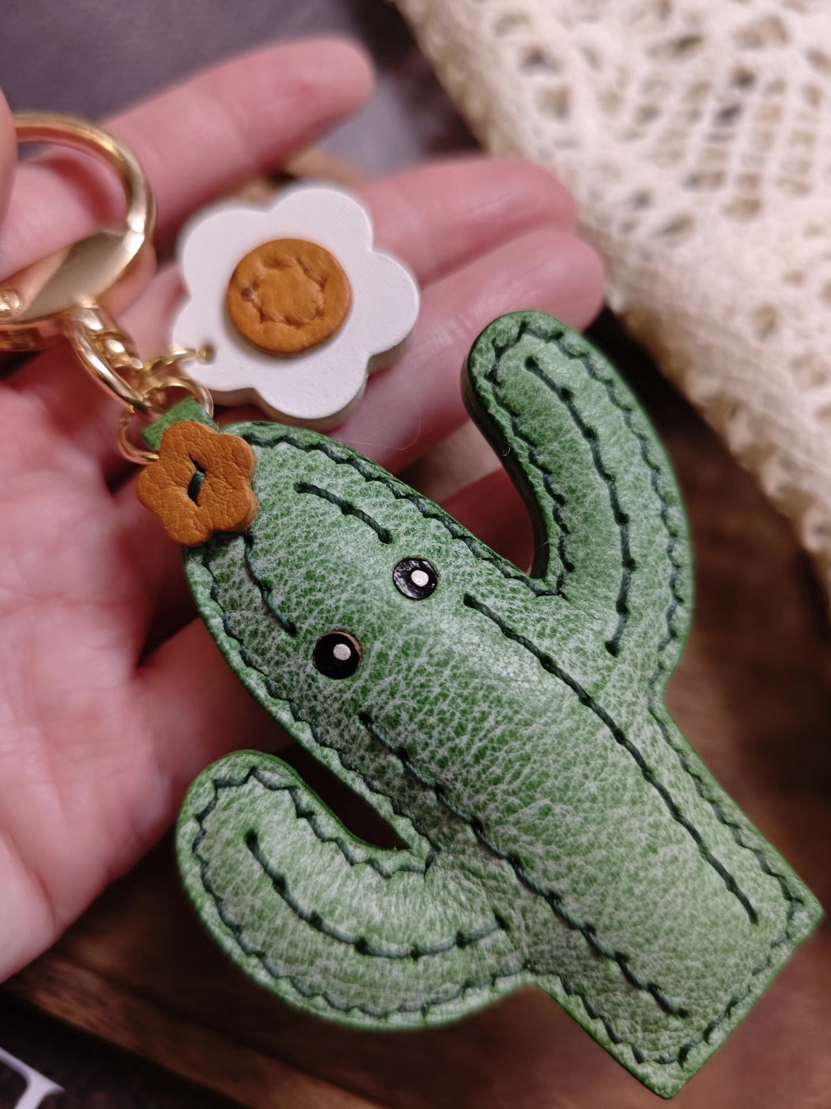 Waxed Leather Cactus Keychain with White Flower Charm