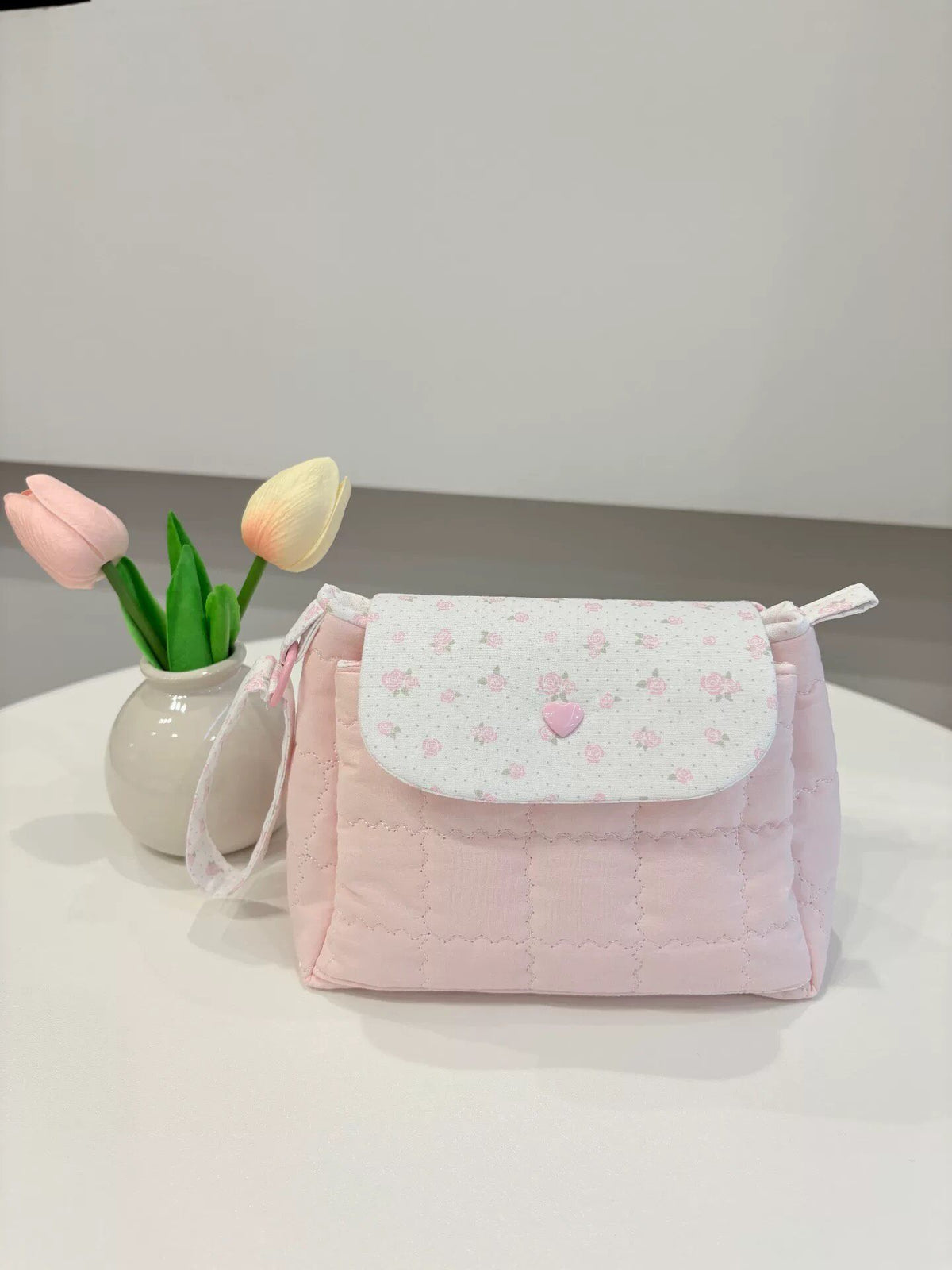 Quilted Rose Print Pouch with Wrist Strap