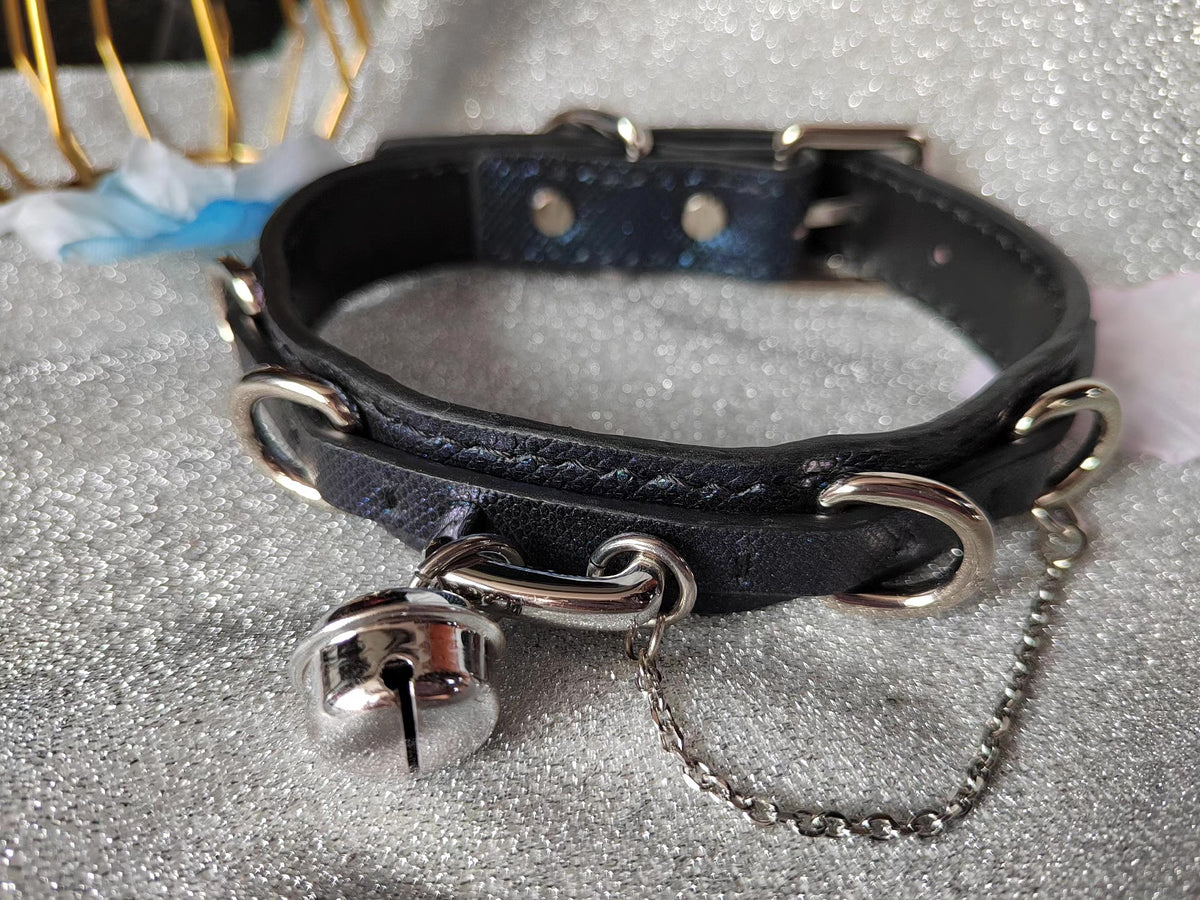 Collare per Animali Doppio Strato in Pelle di Serpente Glitter Blu e Nero