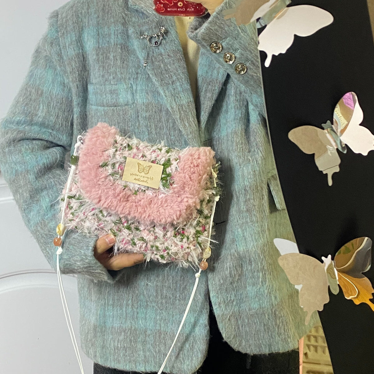 Handmade Woven Crossbody Bag with Beaded Strap
