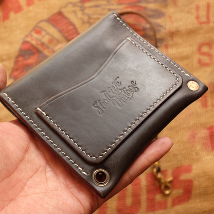 Black Leather Flap Pouch with Brass Snap Buttons and Contrast Stitching