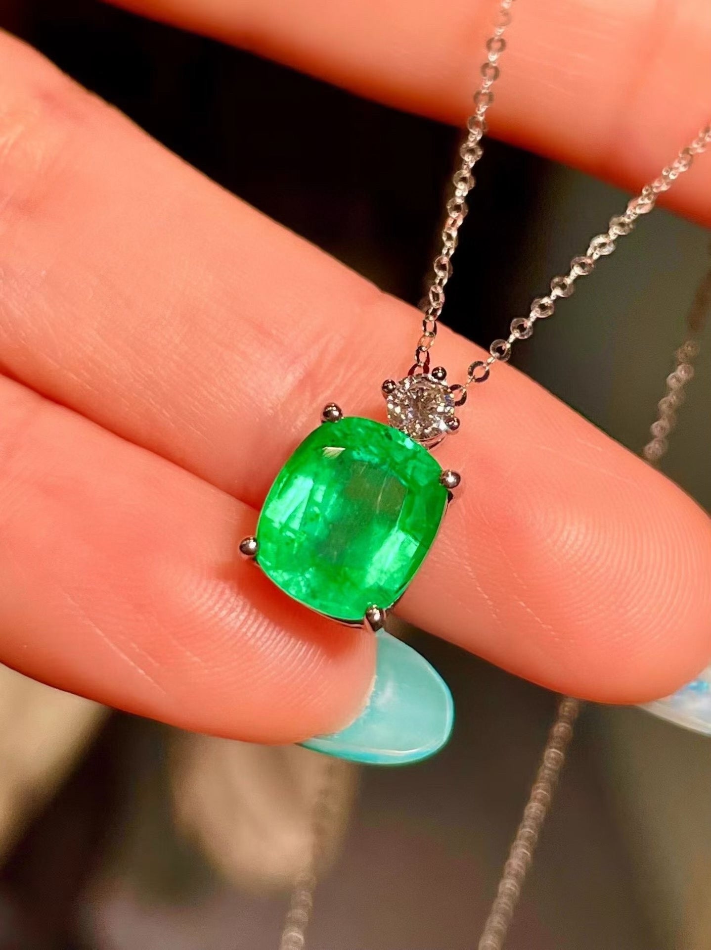 Platinum Cushion-Cut Emerald Pendant with Diamond Accent