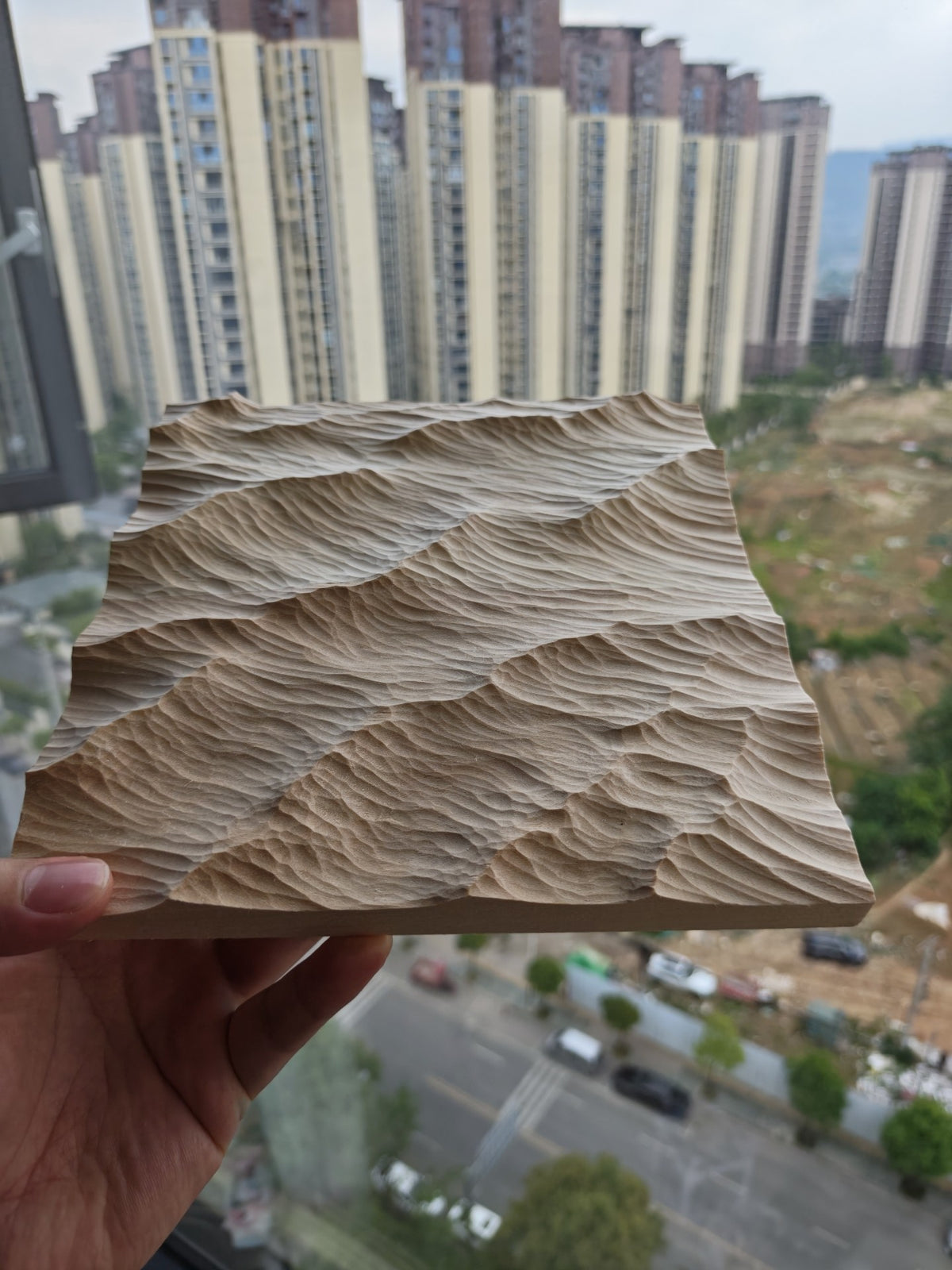 Hand-Carved Linden Wood Wave Relief Sculpture