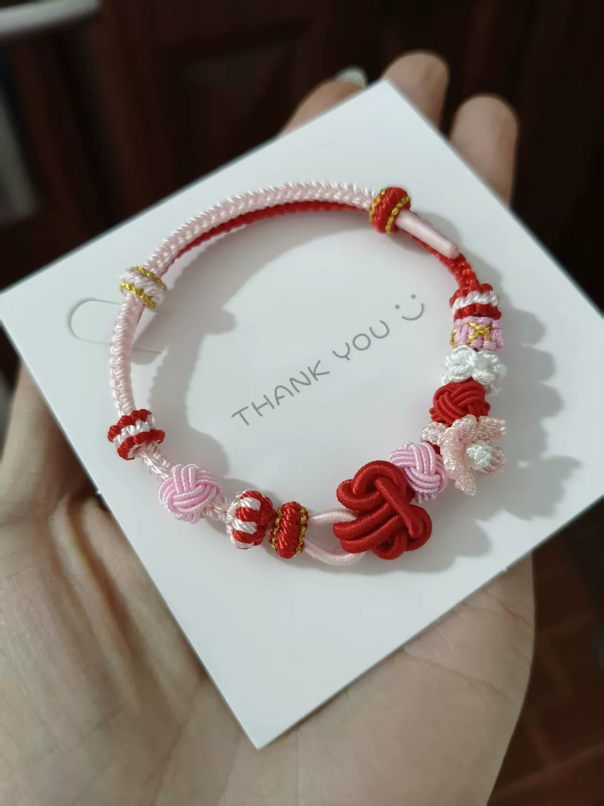 ハンドメイド 赤×ピンク 編みコードブレスレット