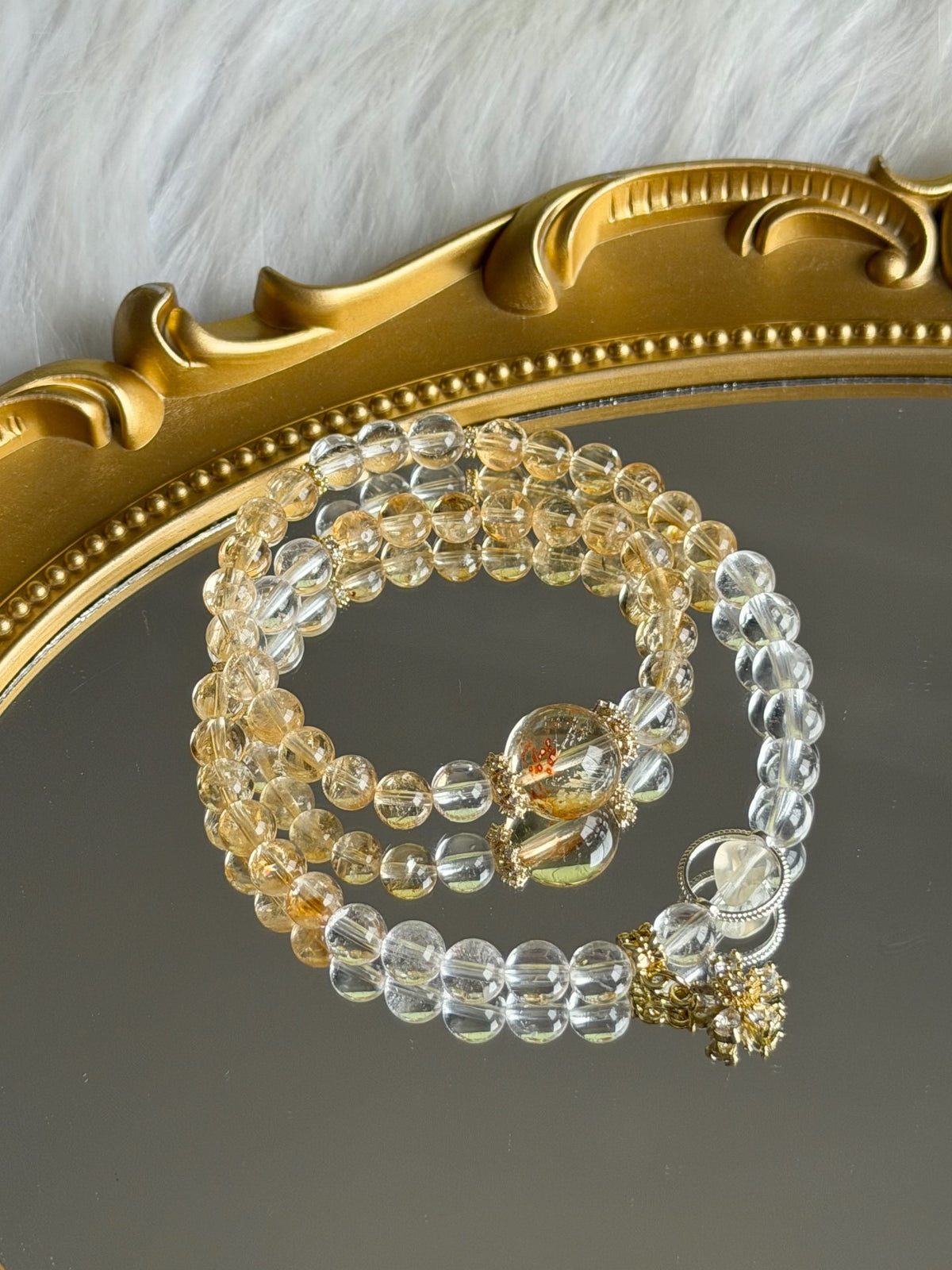 Pulseira de Dupla Volta em Quartzo Natural Transparente e Amarelo