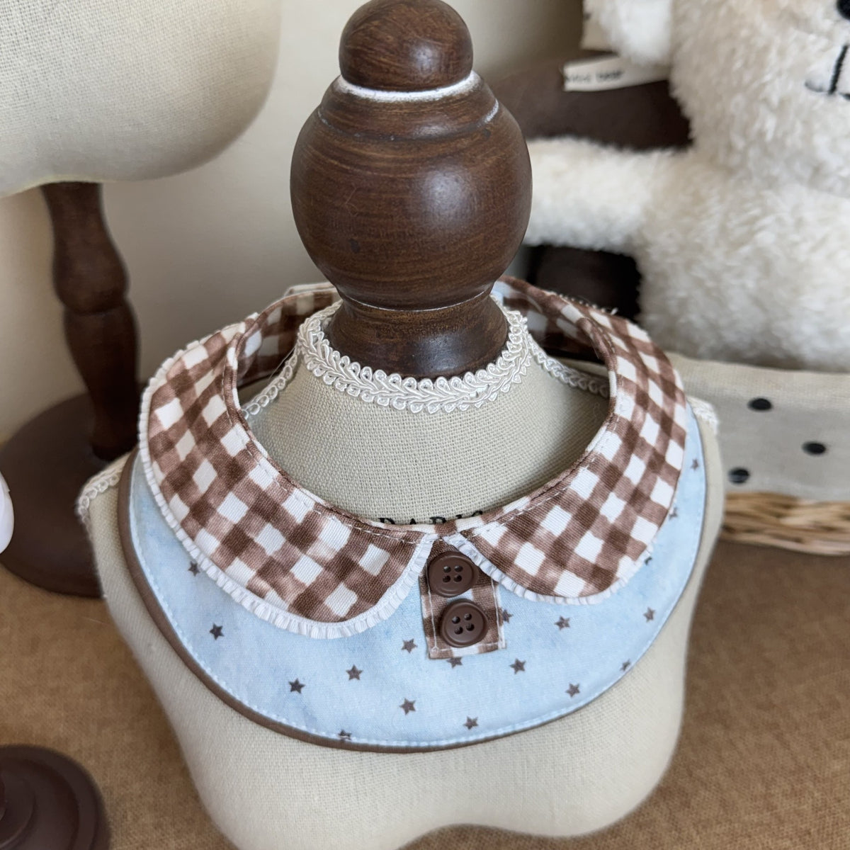 Light Blue Star Pet Drool Bib with Gingham Collar