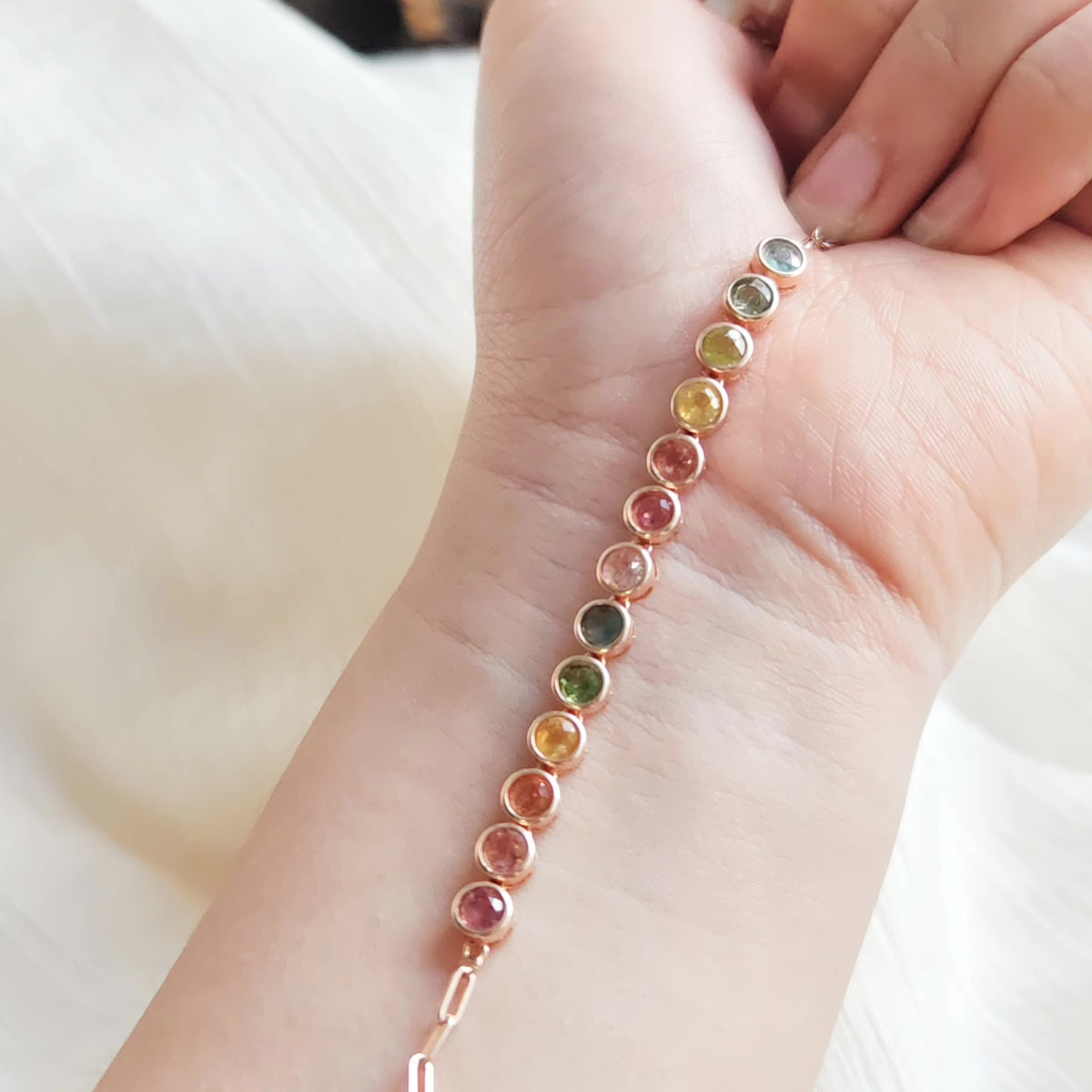Multicolor Tourmaline Bracelet Rose Silver 19 cm