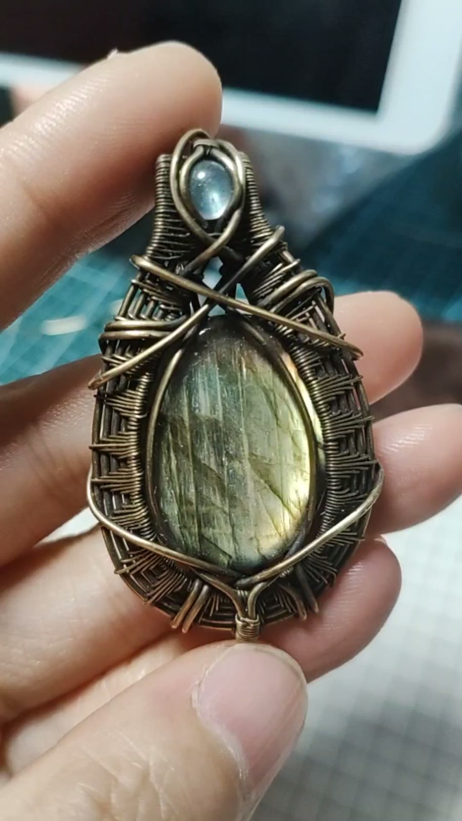 Antiqued Brass Wire Wrapped Golden Stone Pendant