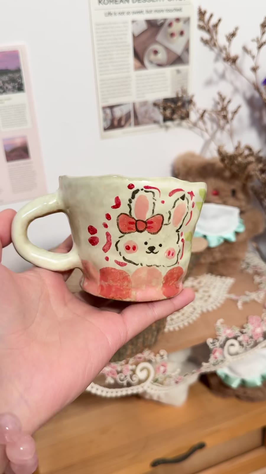 Handcrafted Ceramic Mug Handpainted Rabbit Flowers