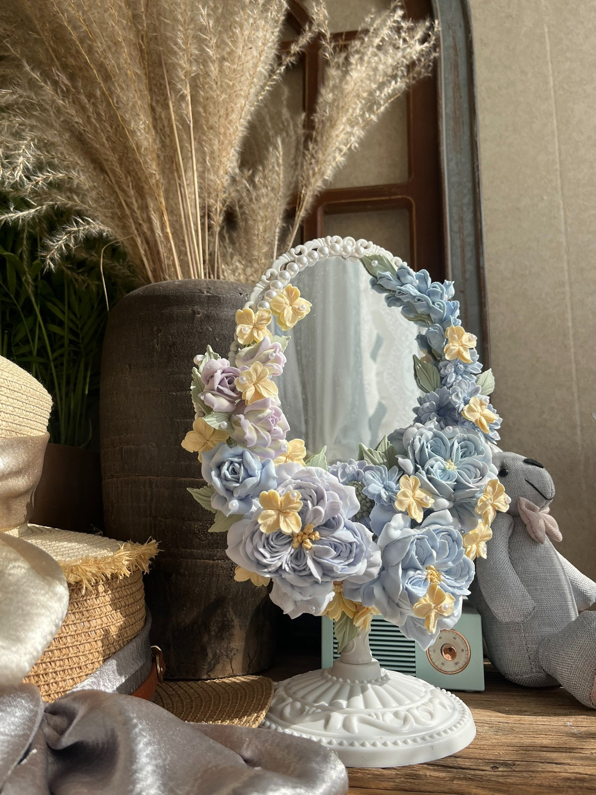 Clay Floral Decorated Tabletop Mirror