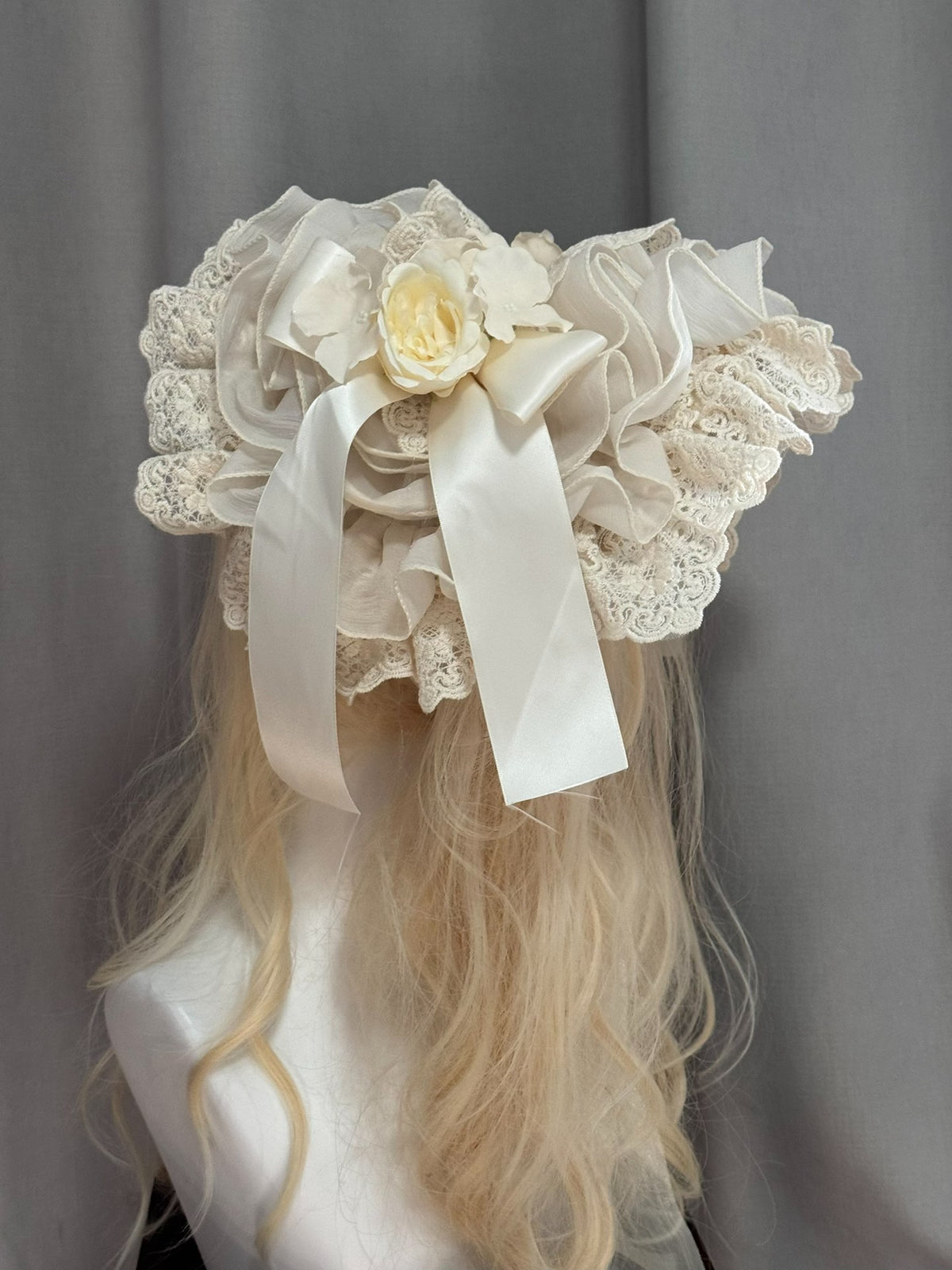 Handmade Lolita Straw Bonnet with Lace Flowers