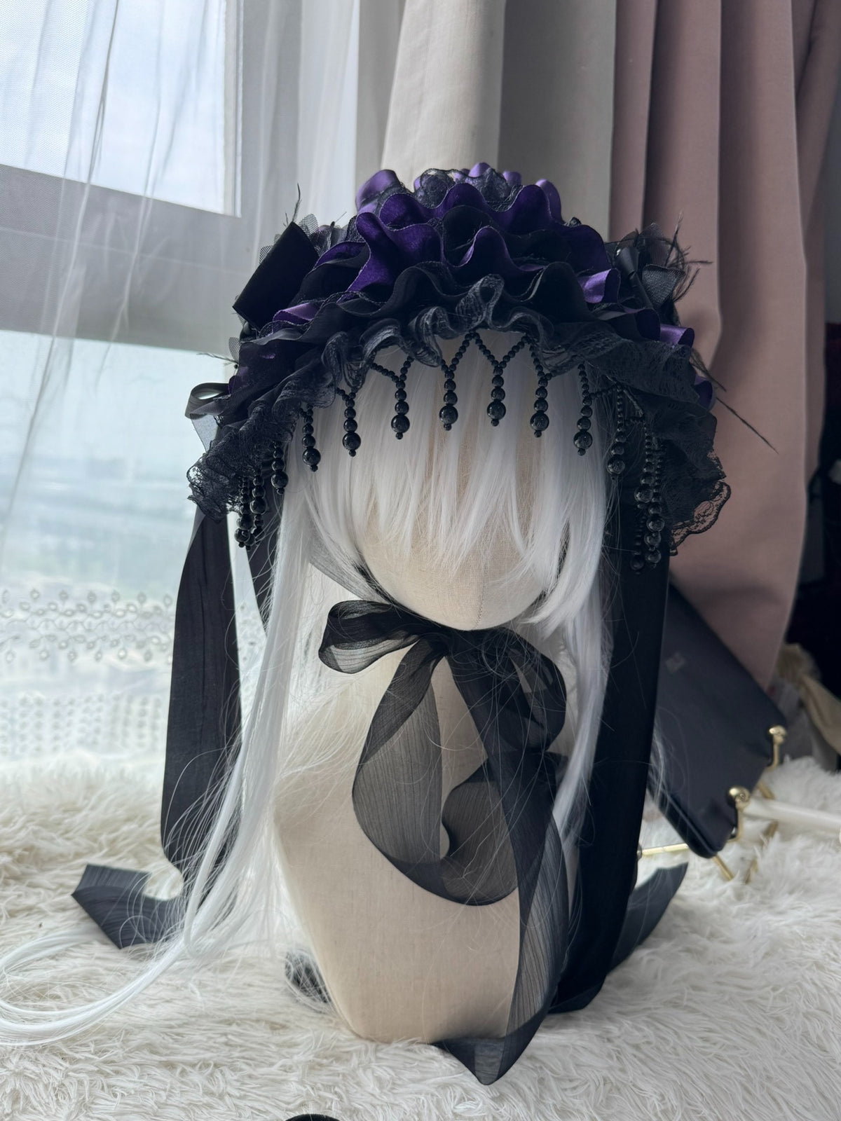 Gothic Lolita Widow Hat Black Purple Pearl Tassels
