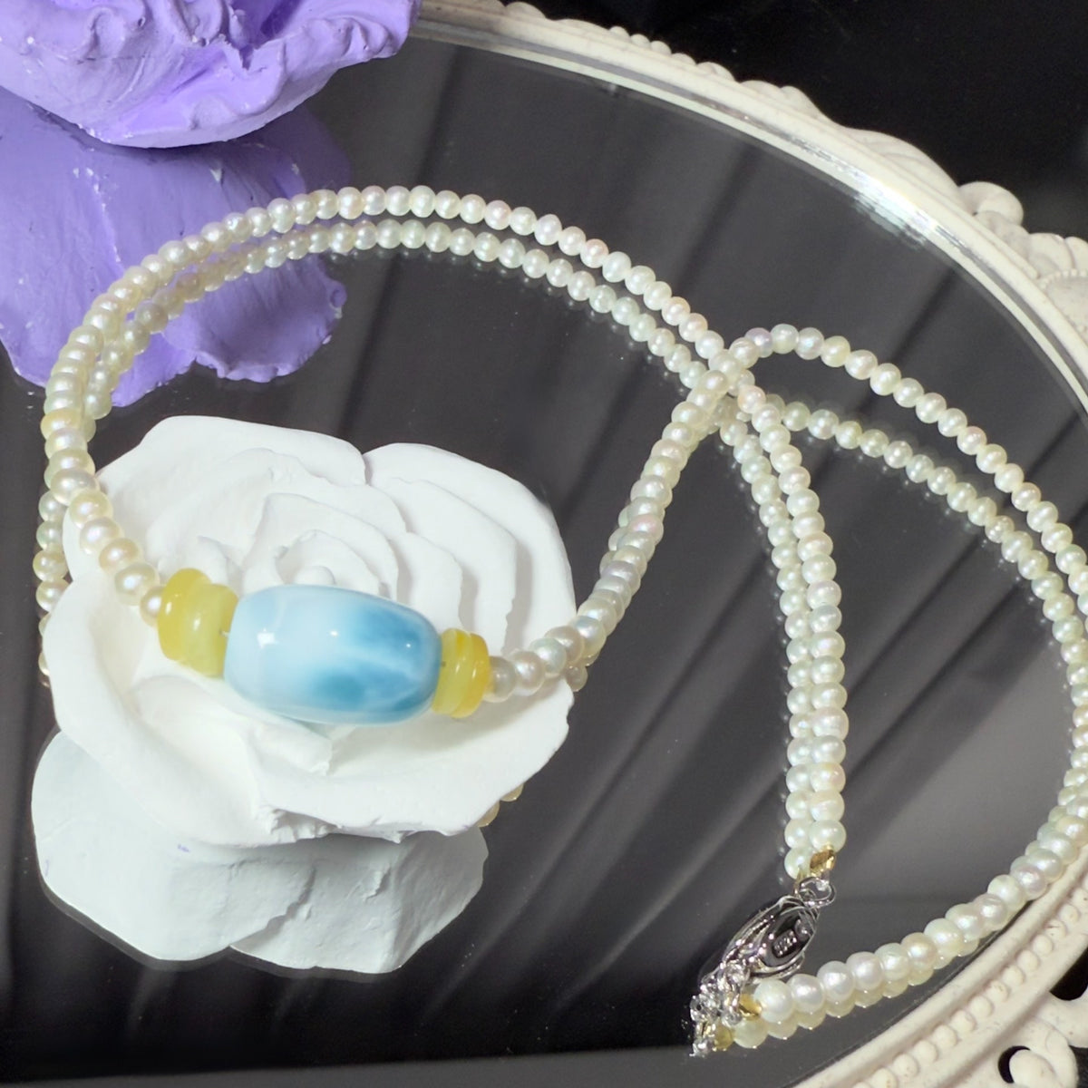 Collar de Larimar, Ámbar y Perlas con Cierre de Plata 925