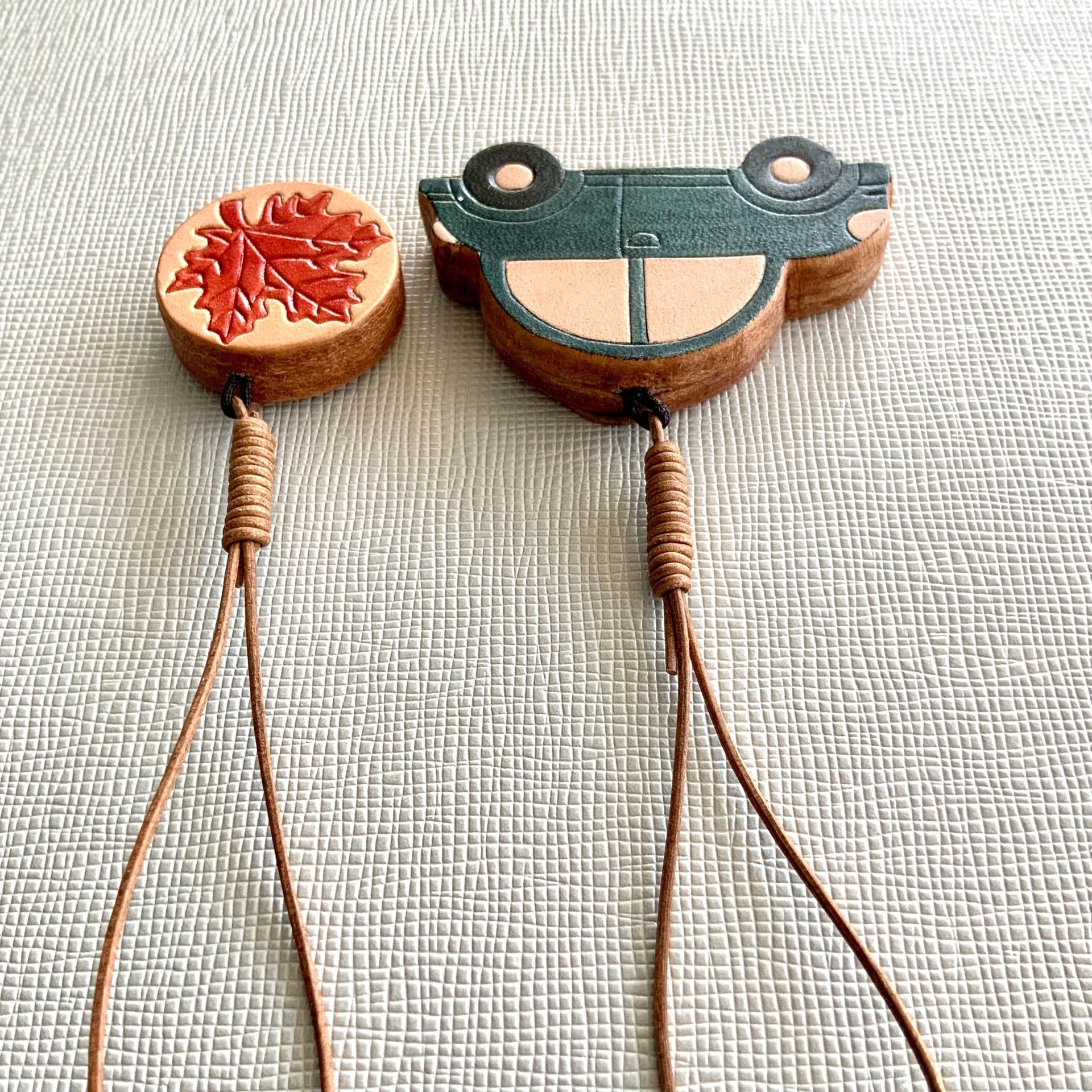 Handcrafted Leather Car and Leaf Charm Set