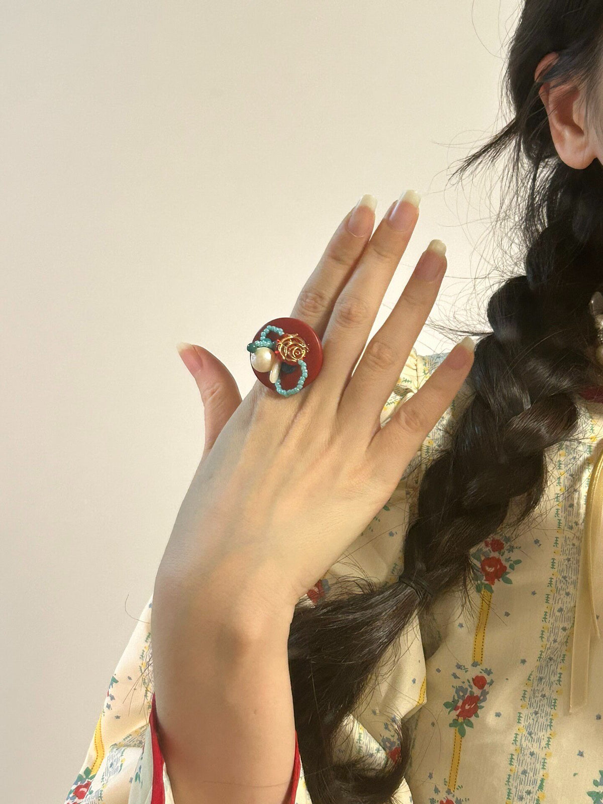 Vintage Button Ring with Shell Pearls