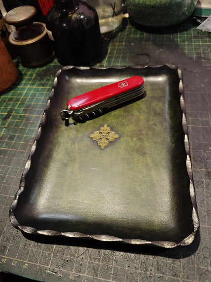 Antique Green Leather Rectangular Tray with Gold Carved Center and Scalloped Edges