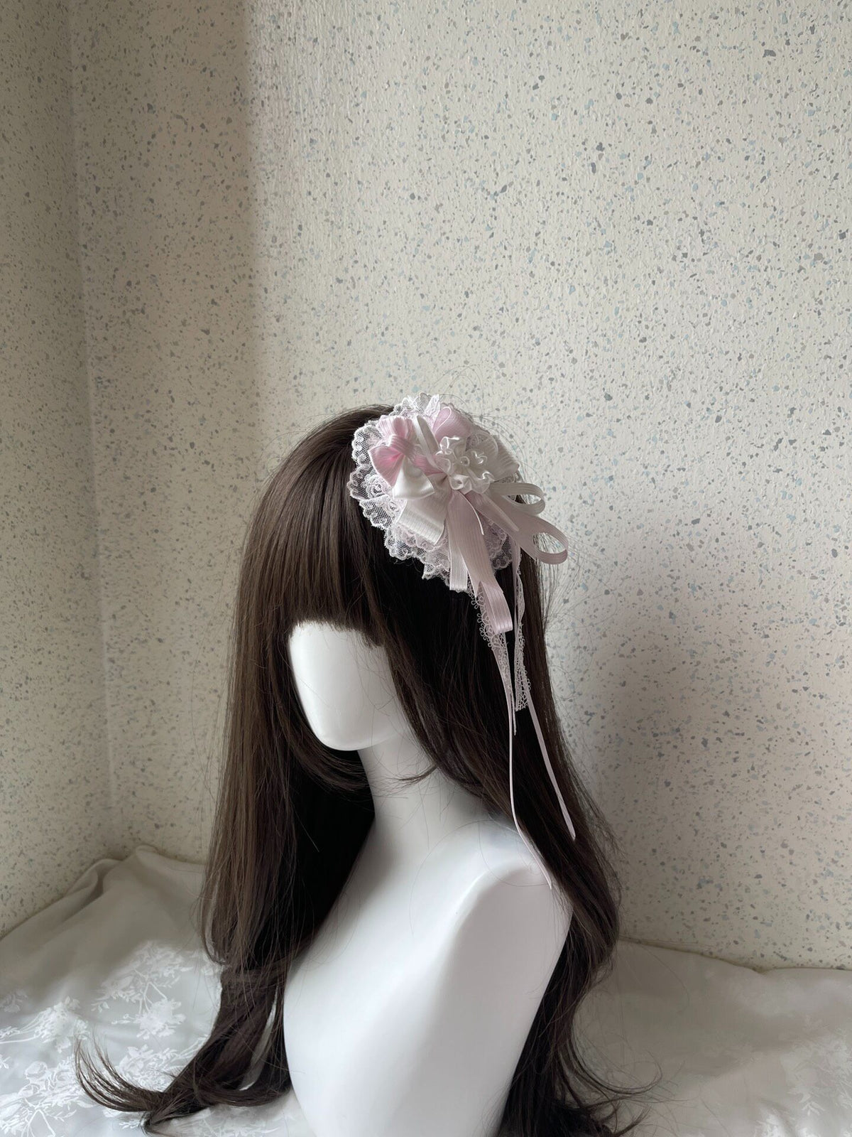 Handmade Lolita Pink White Bow Side Clip