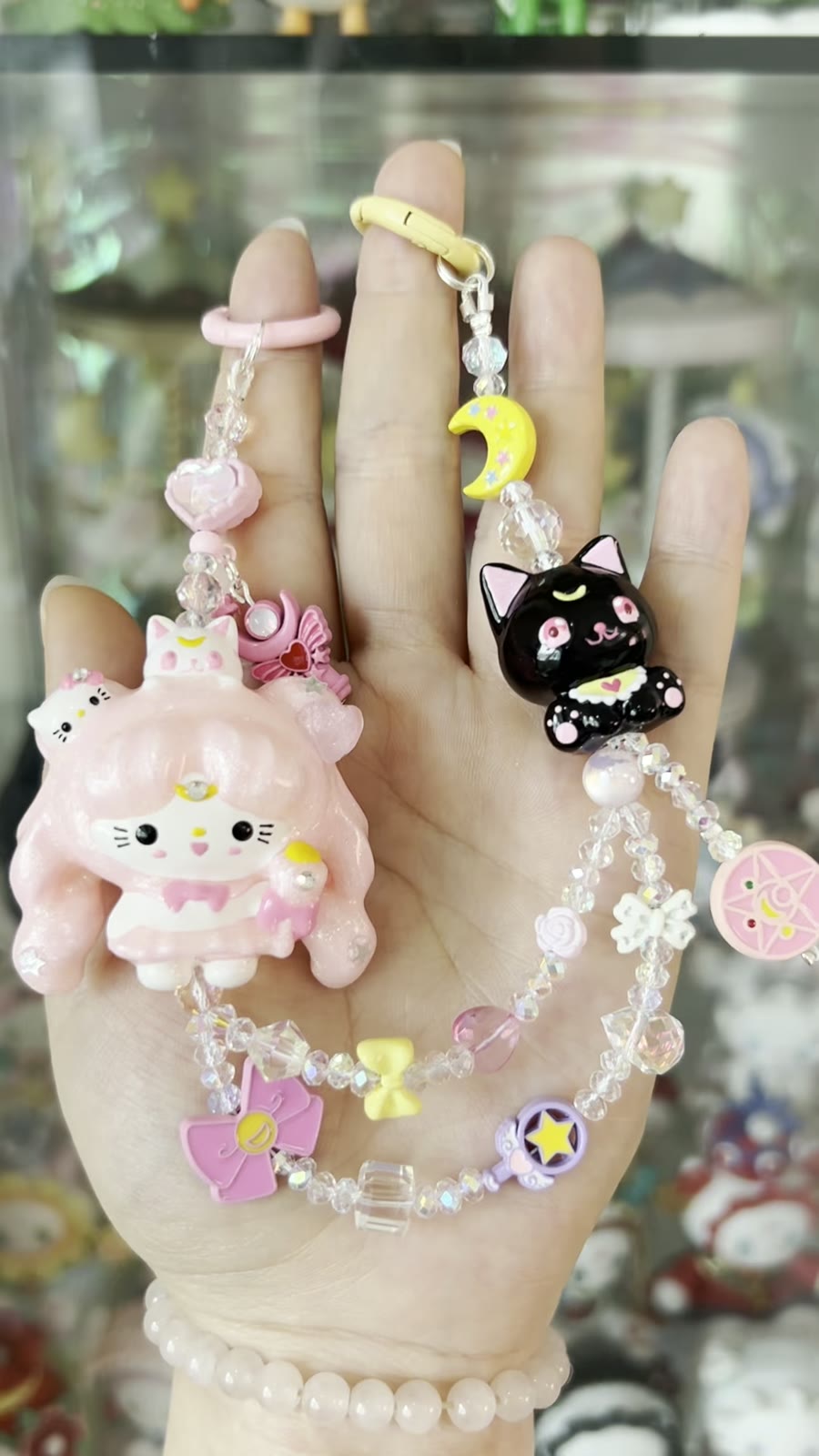 Hand-Painted Kitty Beaded Phone Strap Set